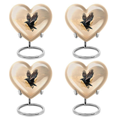 Antique Gold Crow Cremation Urn angled view of lid and engraved motif - heart-shaped crow design symbolizing eternal love - 10 inch aluminum urn for cremated remains