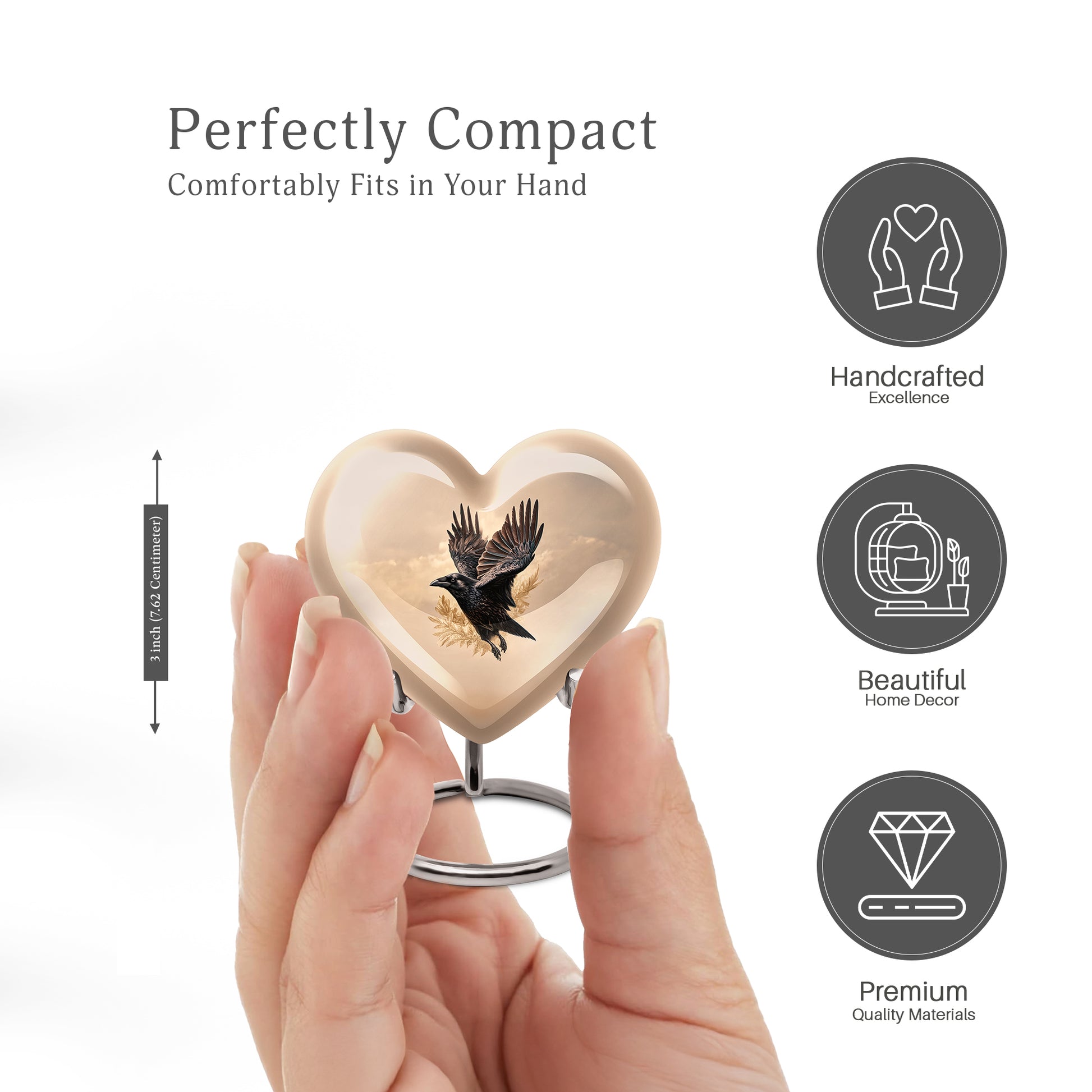Sunrise Gold Crow Cremation Urn front view showing detailed design - loving heart memorial featuring crow pattern - mini keepsake memorial for portion of cremation ashes