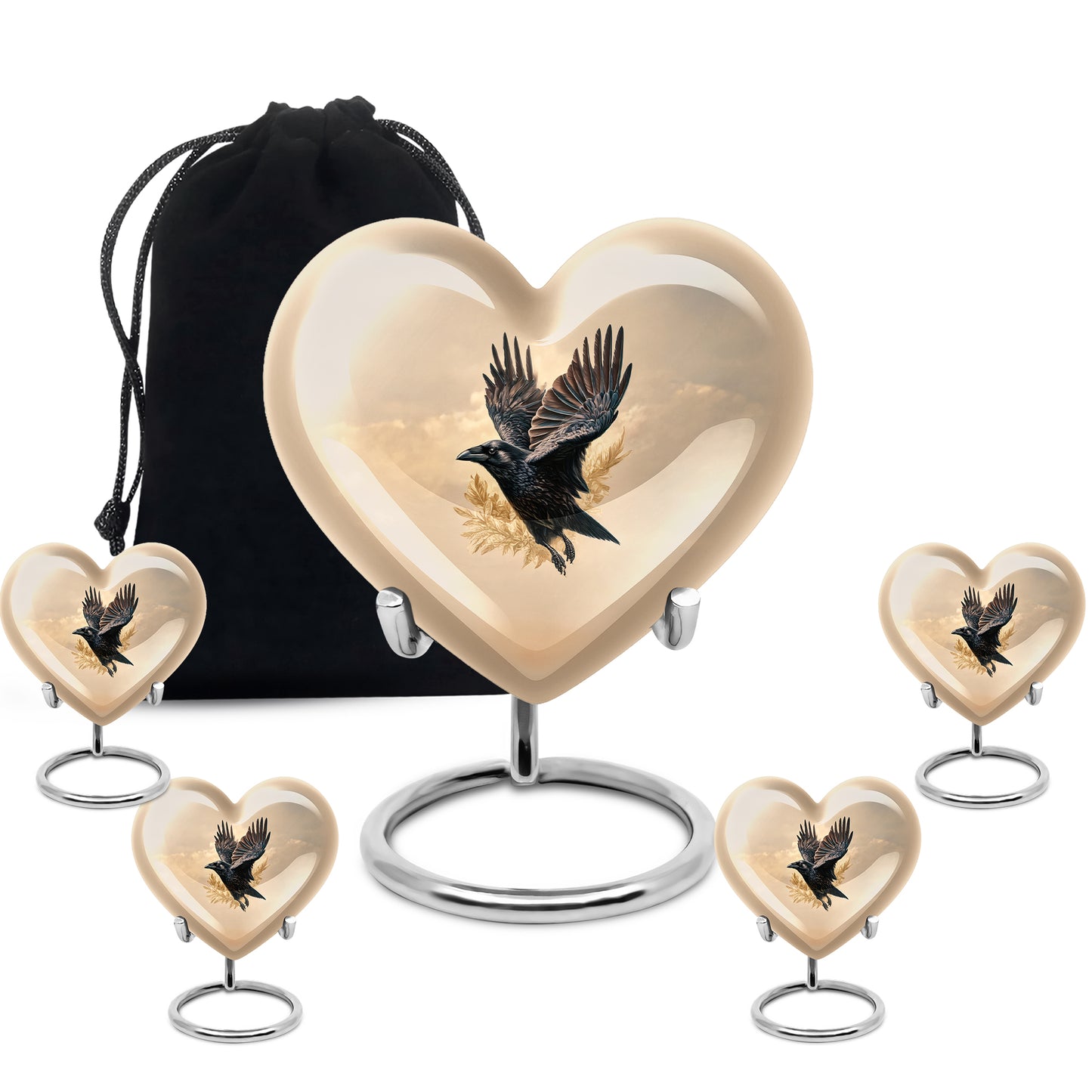 Amber Gold Crow Cremation Urn close-up of engraving and surface detail - heart-shaped crow design symbolizing eternal love - memorial set with one large and four small urns