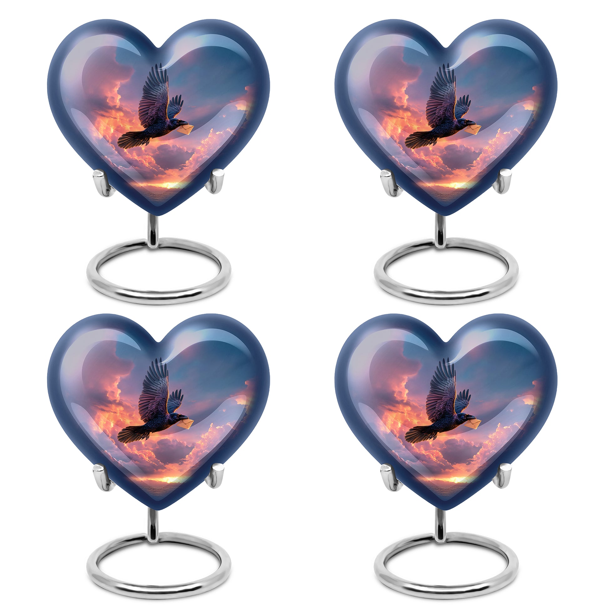 Calming Blue Crow Cremation Urn angled view of lid and engraved motif - romantic heart urn with crow motif on aluminum - 10 inch aluminum urn for cremated remains