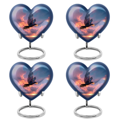 Calming Blue Crow Cremation Urn angled view of lid and engraved motif - romantic heart urn with crow motif on aluminum - 10 inch aluminum urn for cremated remains