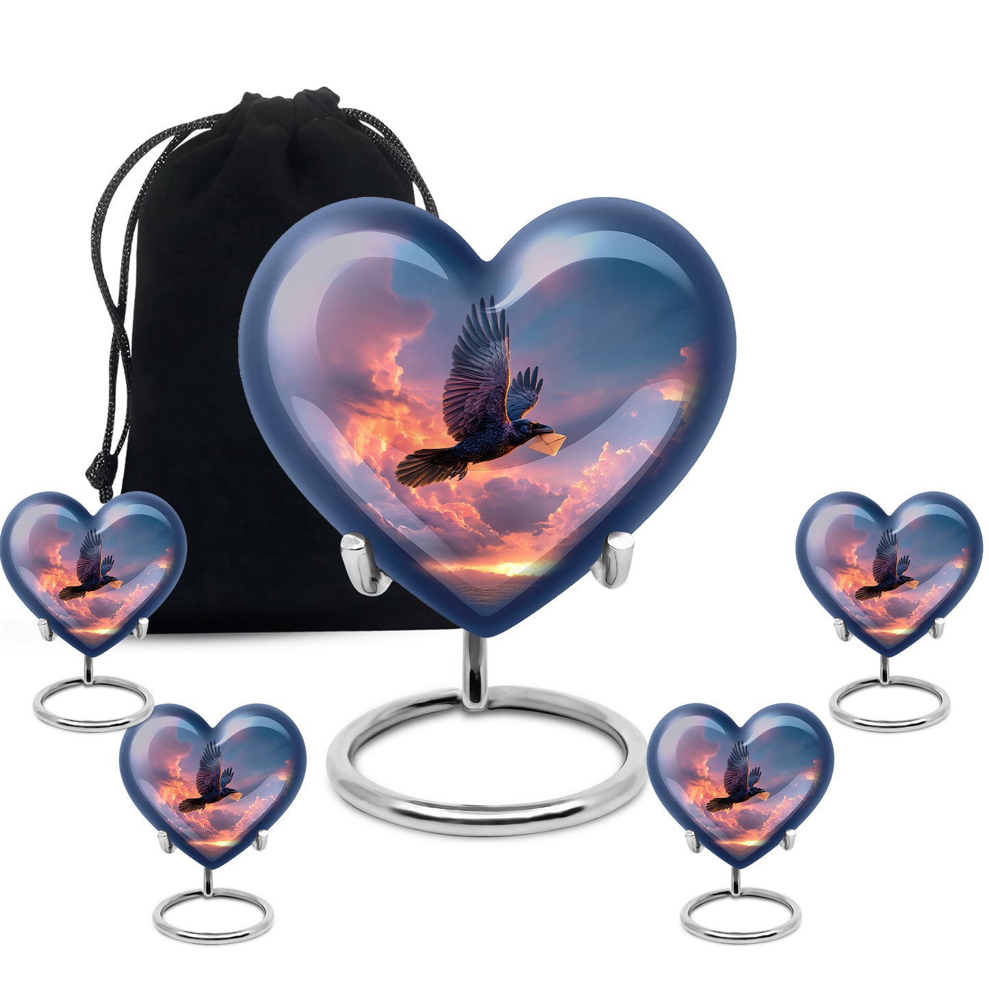 Navy Blue Crow Cremation Urn close-up of engraving and surface detail - loving heart memorial featuring crow pattern - memorial set with one large and four small urns