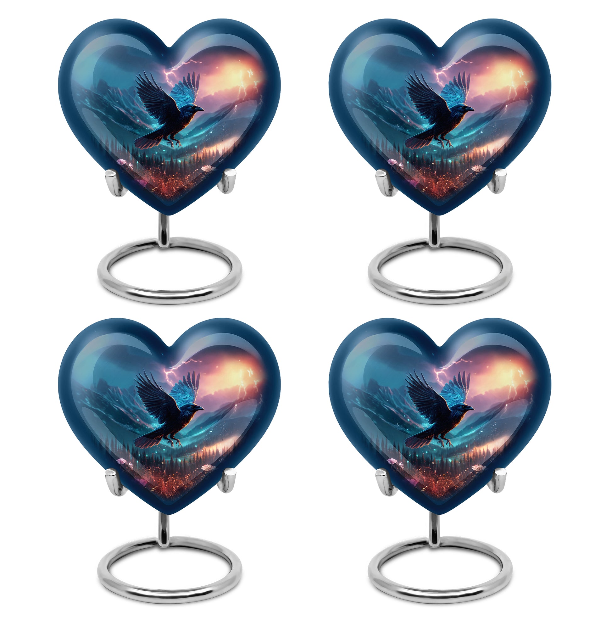 Bright Blue Crow Cremation Urn angled view of lid and engraved motif - romantic heart urn with crow motif on aluminum - 10 inch aluminum urn for cremated remains