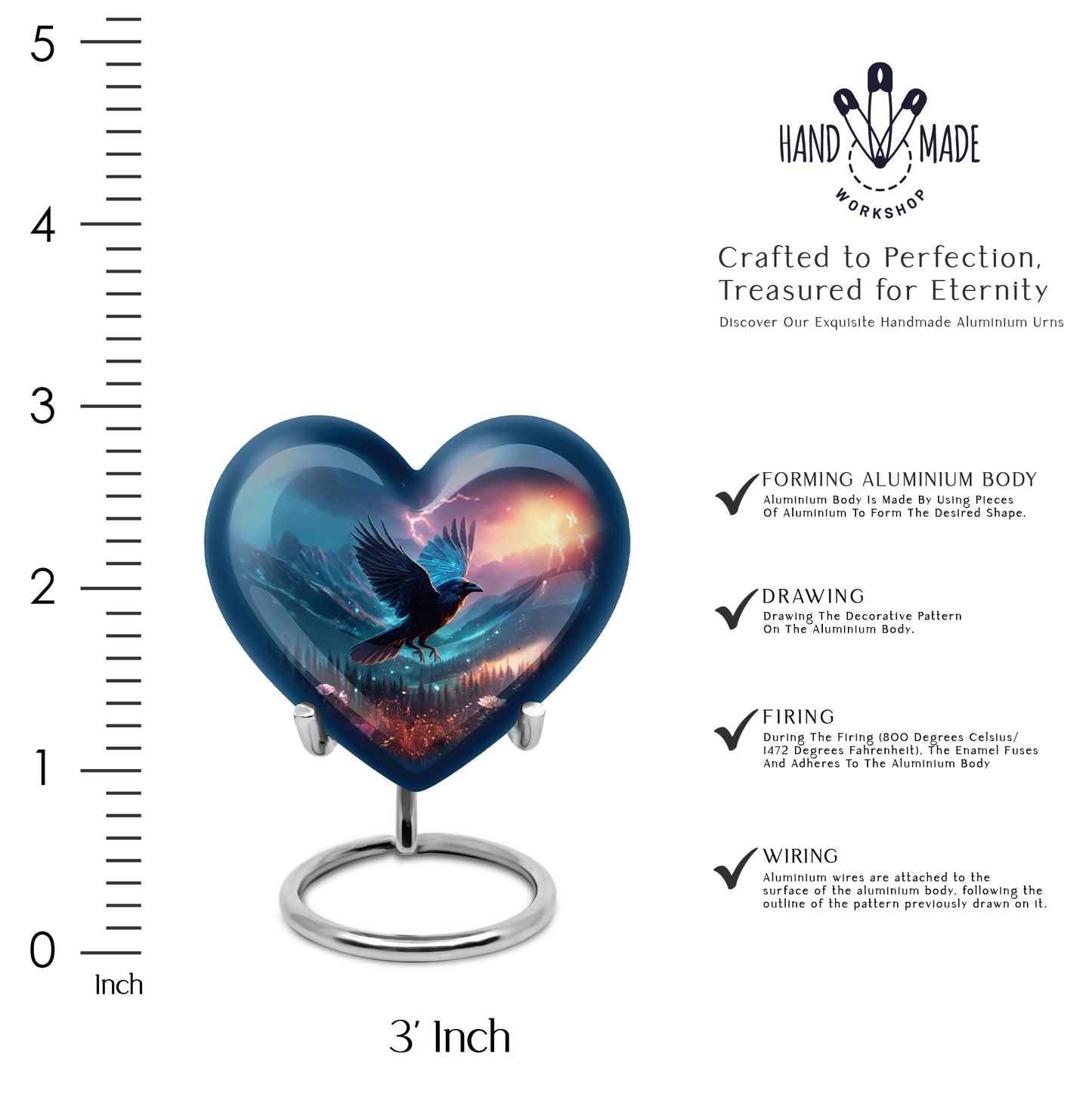 Cobalt Blue Crow Cremation Urn front view showing detailed design - compassionate heart-crow combination with gentle curves - mini keepsake memorial for portion of cremation ashes