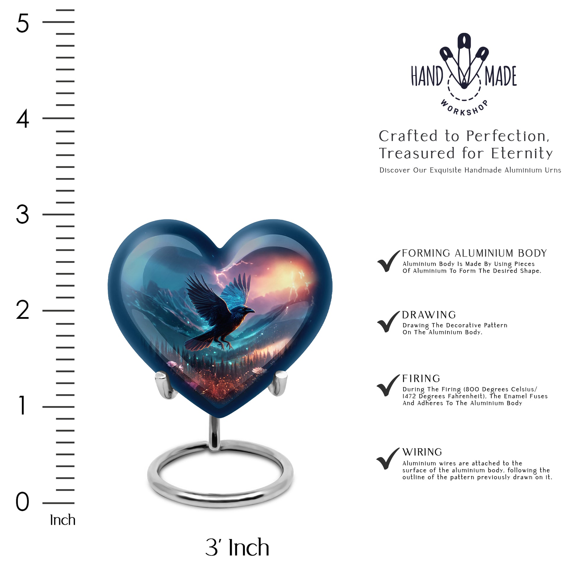 Cobalt Blue Crow Cremation Urn front view showing detailed design - compassionate heart-crow combination with gentle curves - mini keepsake memorial for portion of cremation ashes