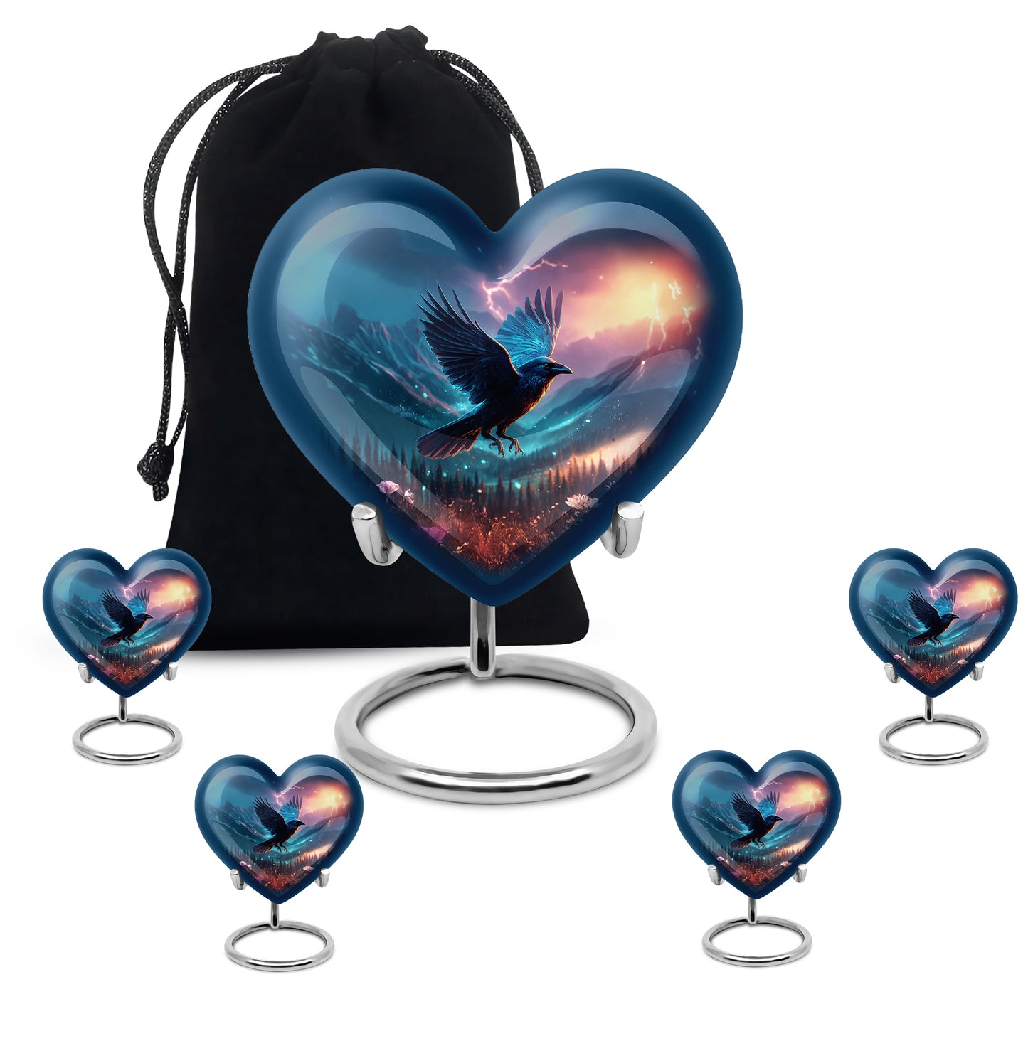 Navy Blue Crow Cremation Urn close-up of engraving and surface detail - heart-shaped crow design symbolizing eternal love - memorial set with one large and four small urns