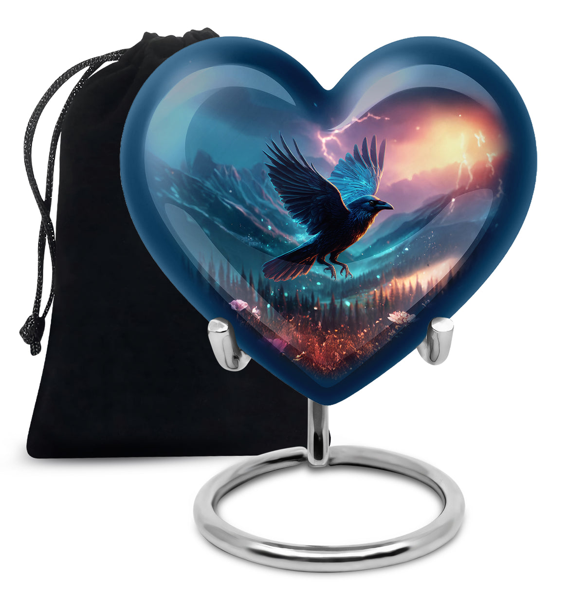 Pastel Blue Crow Cremation Urn detail view - heart-shaped crow design symbolizing eternal love - full-size 10 inch 200 cubic inch adult cremation urn