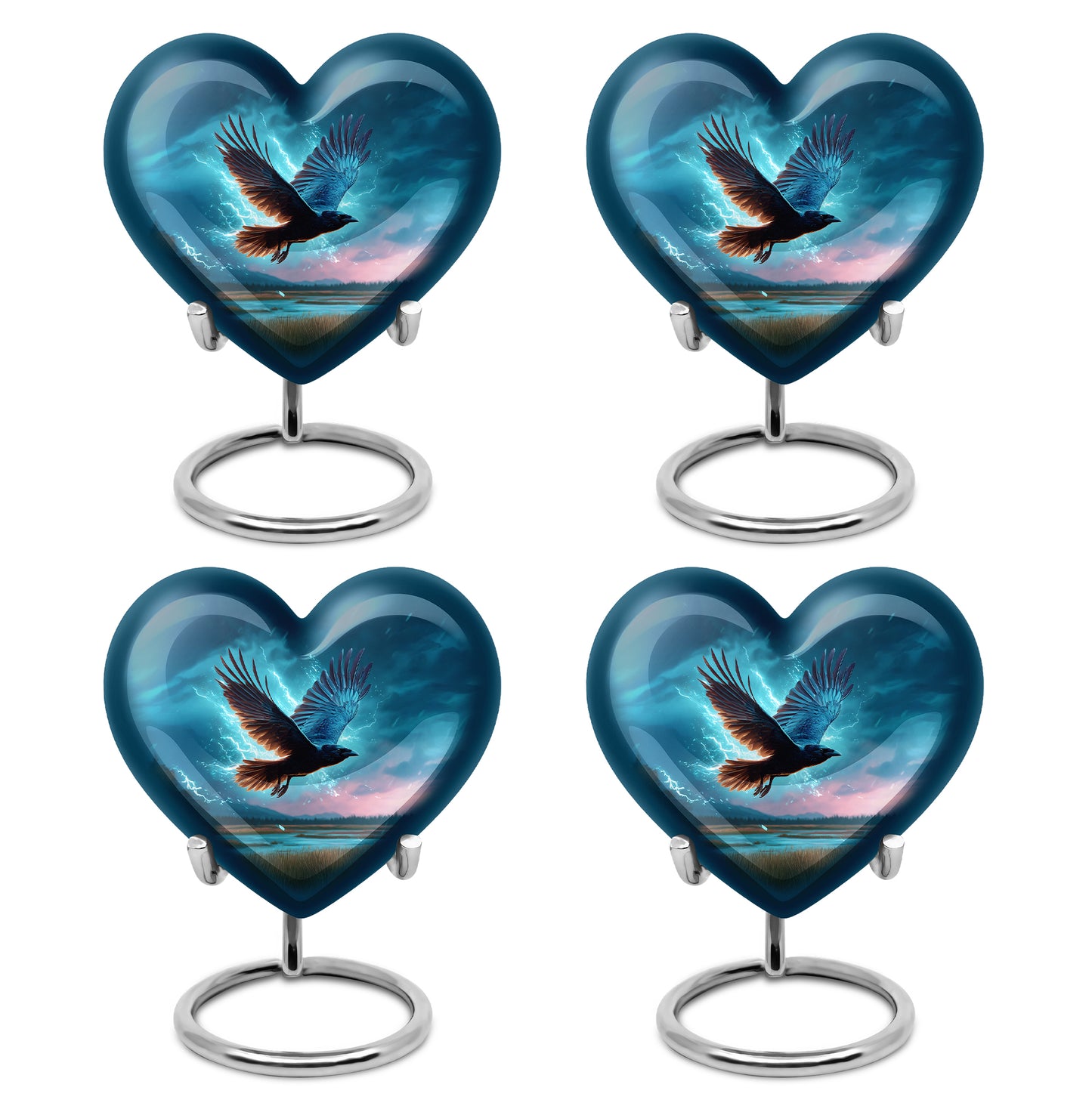 Sapphire Blue Crow Cremation Urn angled view of lid and engraved motif - romantic heart urn with crow motif on aluminum - 10 inch aluminum urn for cremated remains