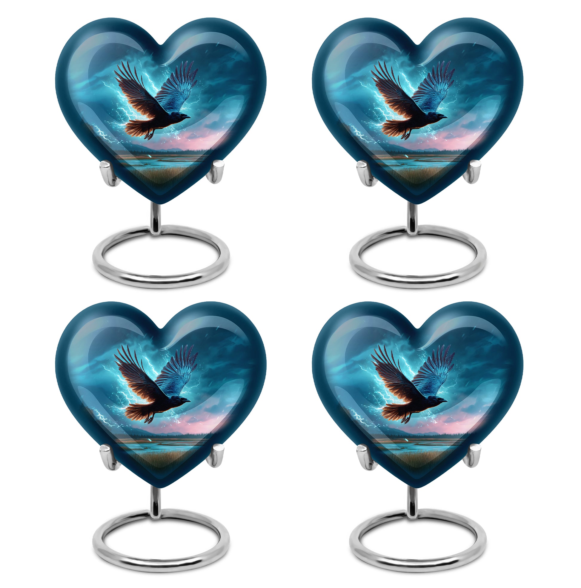 Sapphire Blue Crow Cremation Urn angled view of lid and engraved motif - romantic heart urn with crow motif on aluminum - 10 inch aluminum urn for cremated remains