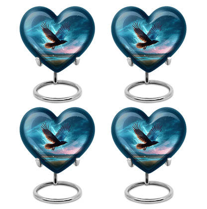 Sapphire Blue Crow Cremation Urn angled view of lid and engraved motif - romantic heart urn with crow motif on aluminum - 10 inch aluminum urn for cremated remains