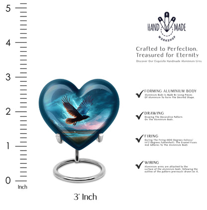Twilight Blue Crow Cremation Urn front view showing detailed design - compassionate heart-crow combination with gentle curves - mini keepsake memorial for portion of cremation ashes