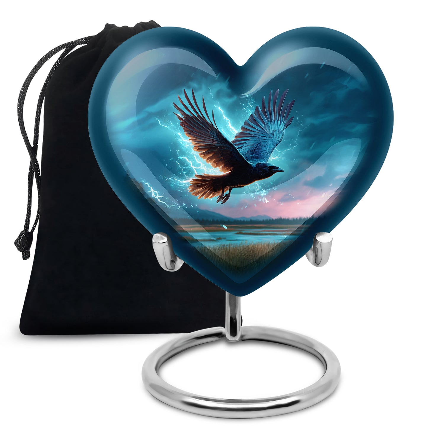 Calming Blue Crow Cremation Urn detail view - romantic heart urn with crow motif on aluminum - full-size 10 inch 200 cubic inch adult cremation urn