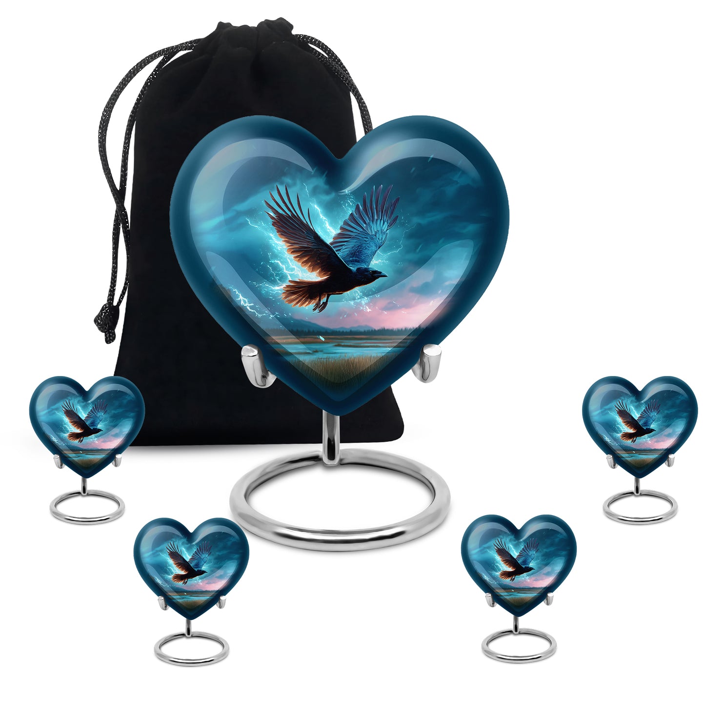 Pastel Blue Crow Cremation Urn close-up of engraving and surface detail - loving heart memorial featuring crow pattern - memorial set with one large and four small urns