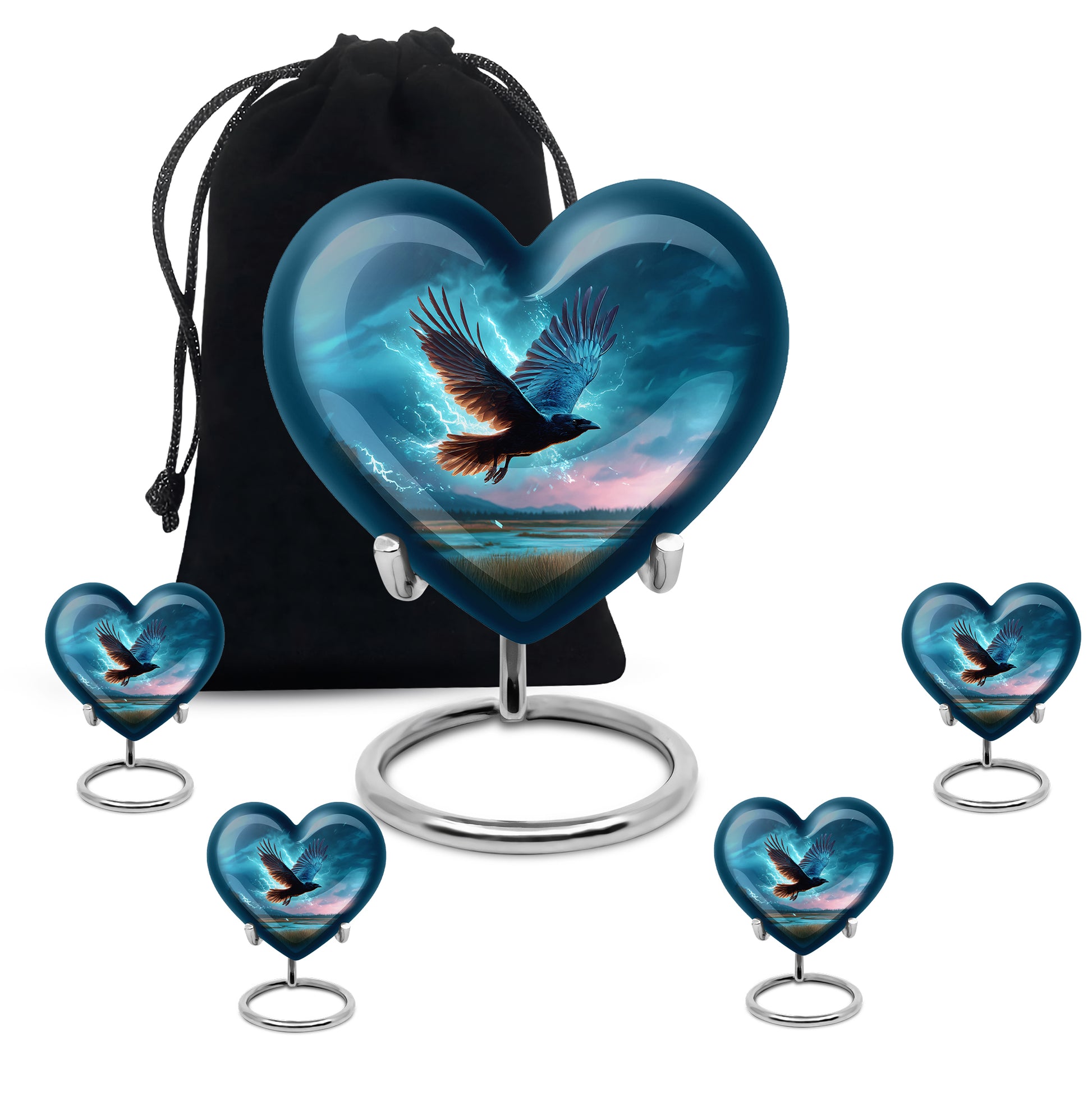 Pastel Blue Crow Cremation Urn close-up of engraving and surface detail - loving heart memorial featuring crow pattern - memorial set with one large and four small urns