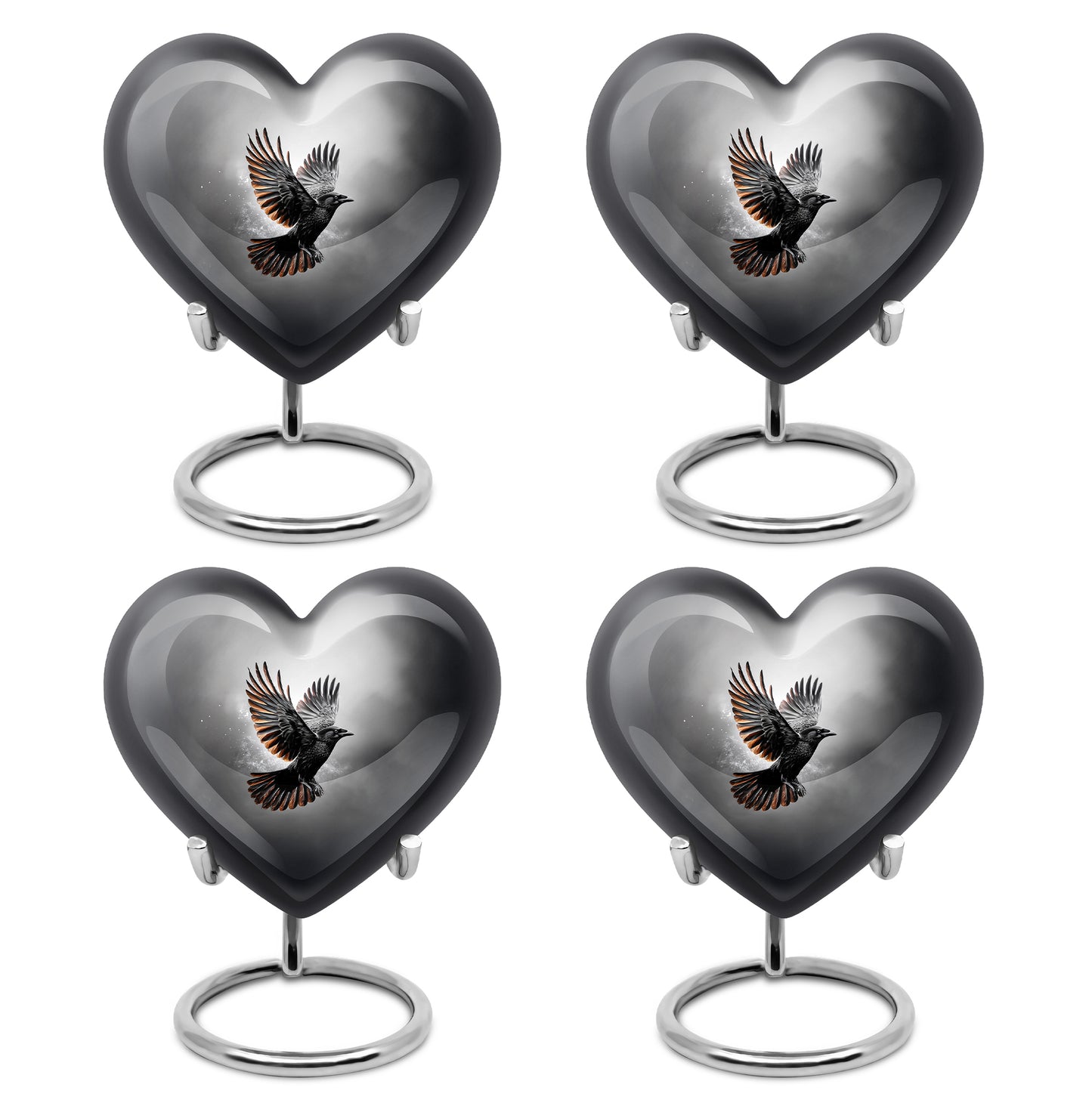 Ebony Crow Cremation Urn angled view of lid and engraved motif - loving heart memorial featuring crow pattern - 10 inch aluminum urn for cremated remains