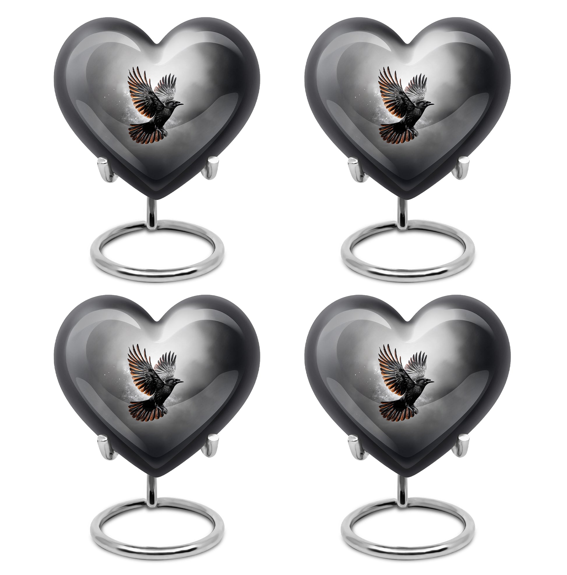 Ebony Crow Cremation Urn angled view of lid and engraved motif - loving heart memorial featuring crow pattern - 10 inch aluminum urn for cremated remains