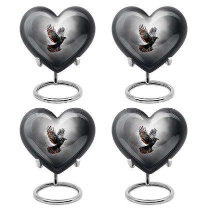 Ebony Crow Cremation Urn angled view of lid and engraved motif - loving heart memorial featuring crow pattern - 10 inch aluminum urn for cremated remains