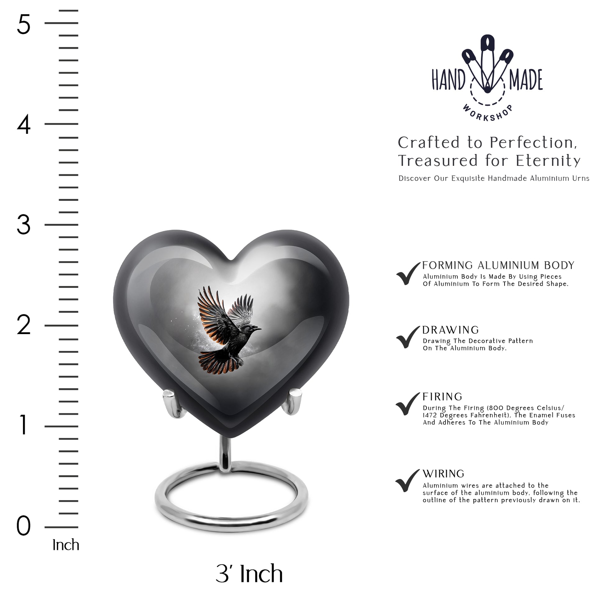 Jet Black Crow Cremation Urn front view showing detailed design - loving heart memorial featuring crow pattern - mini keepsake memorial for portion of cremation ashes