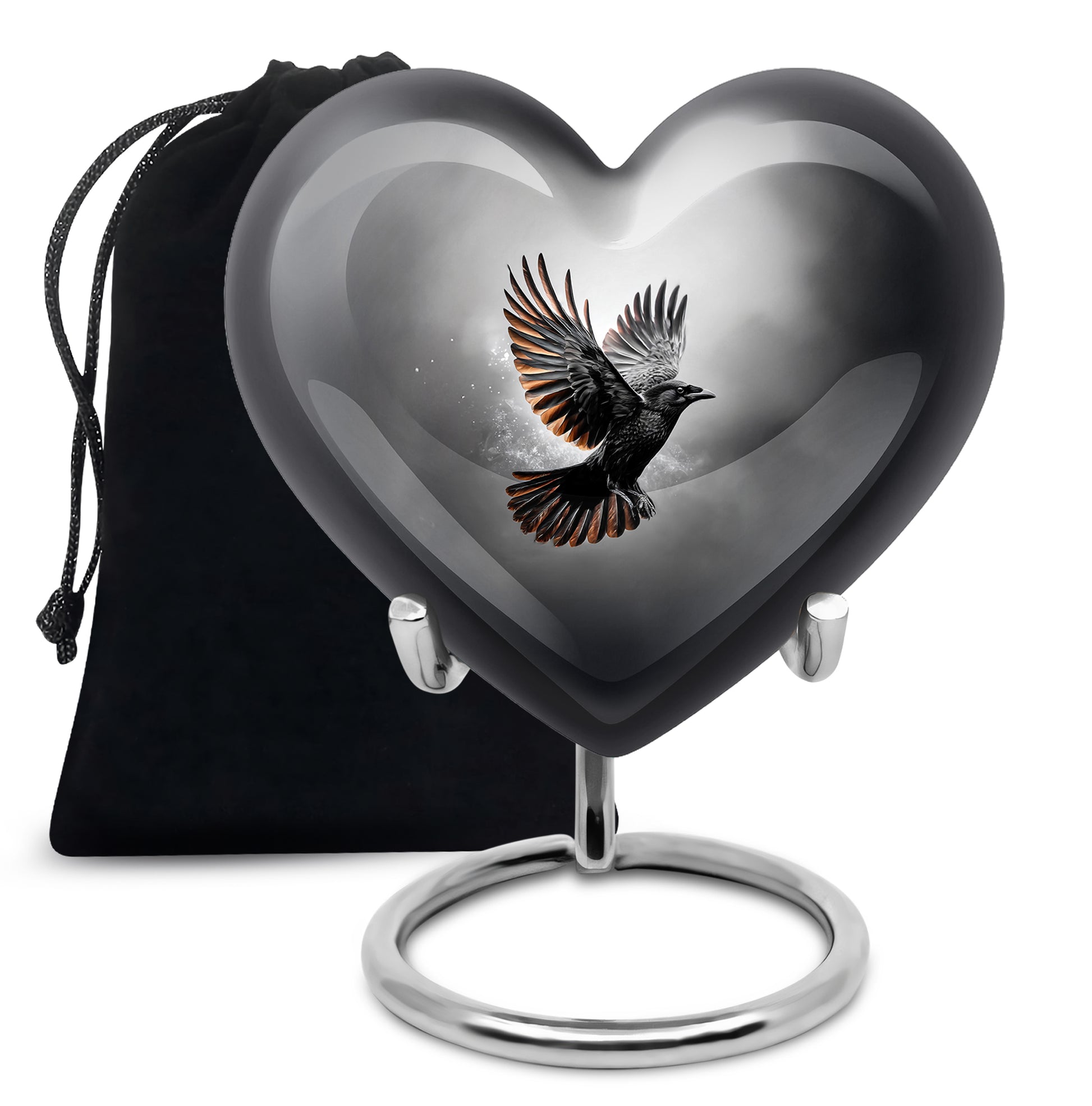 Ebony Crow Cremation Urn detail view - heart-shaped crow design symbolizing eternal love - full-size 10 inch 200 cubic inch adult cremation urn