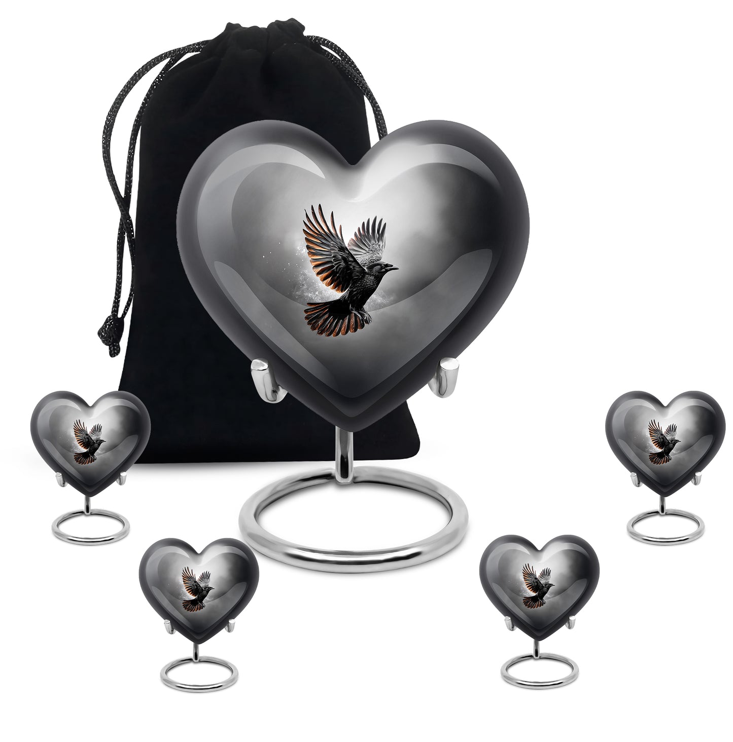 Charcoal Black Crow Cremation Urn close-up of engraving and surface detail - romantic heart urn with crow motif on aluminum - memorial set with one large and four small urns