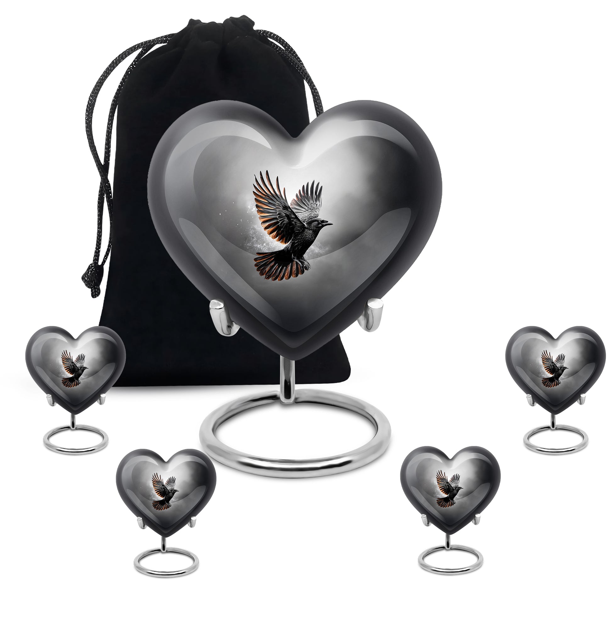 Charcoal Black Crow Cremation Urn close-up of engraving and surface detail - romantic heart urn with crow motif on aluminum - memorial set with one large and four small urns