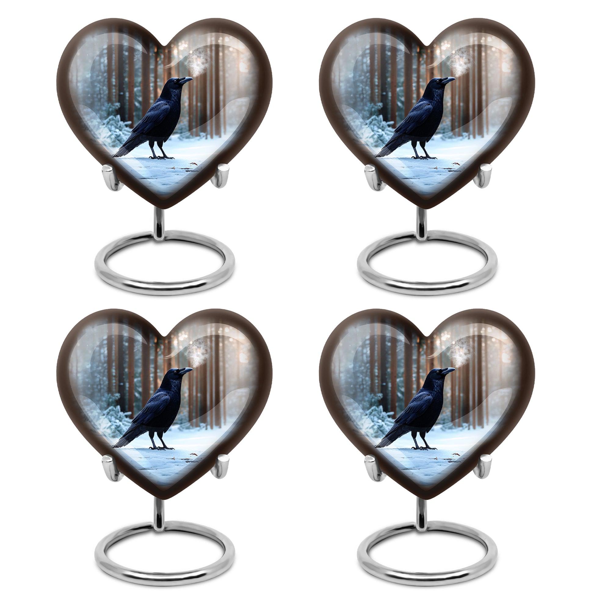 Slate Blue Crow Cremation Urn angled view of lid and engraved motif - heart-shaped crow design symbolizing eternal love - 10 inch aluminum urn for cremated remains