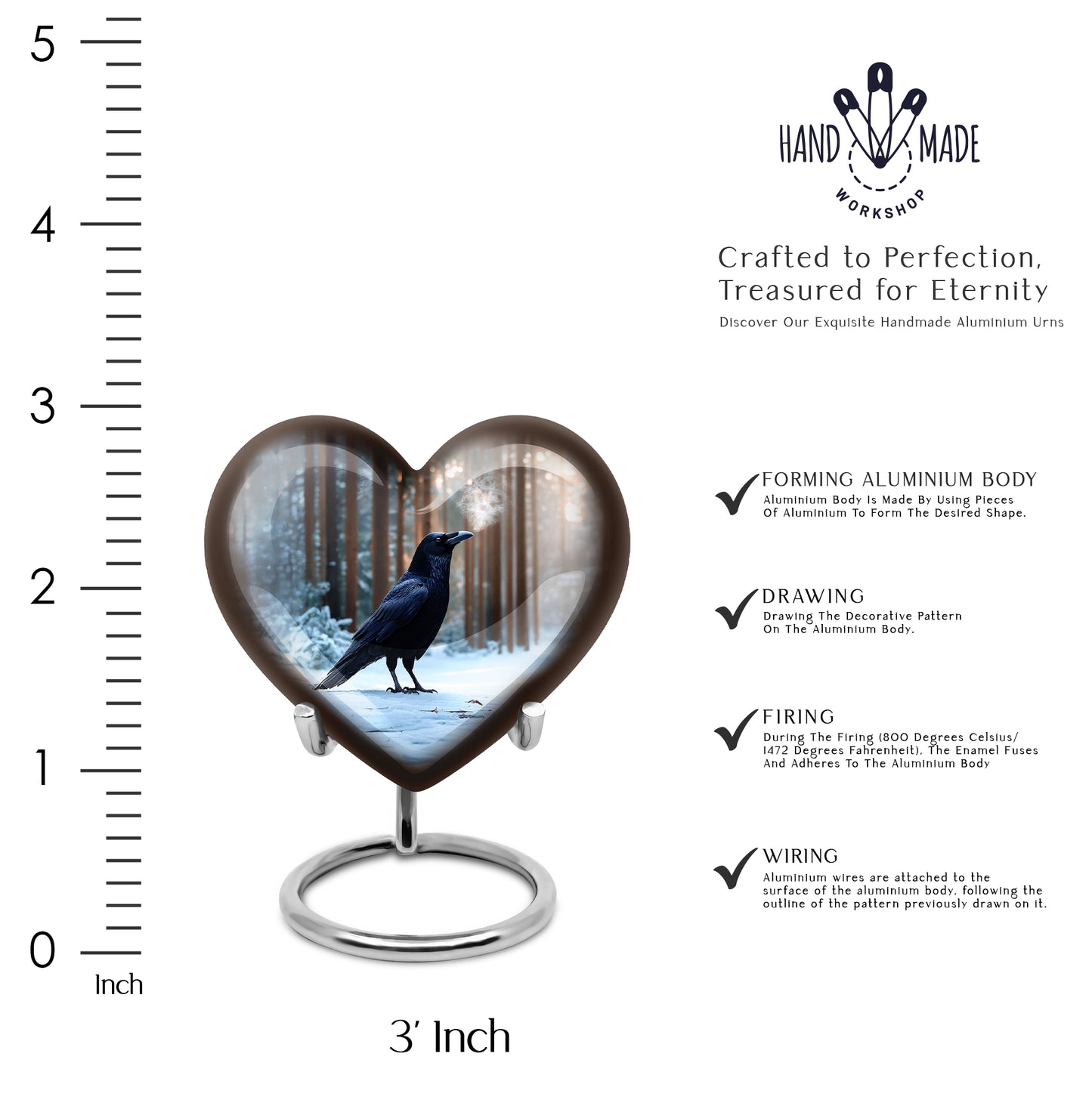 Indigo Crow Cremation Urn front view showing detailed design - loving heart memorial featuring crow pattern - mini keepsake memorial for portion of cremation ashes