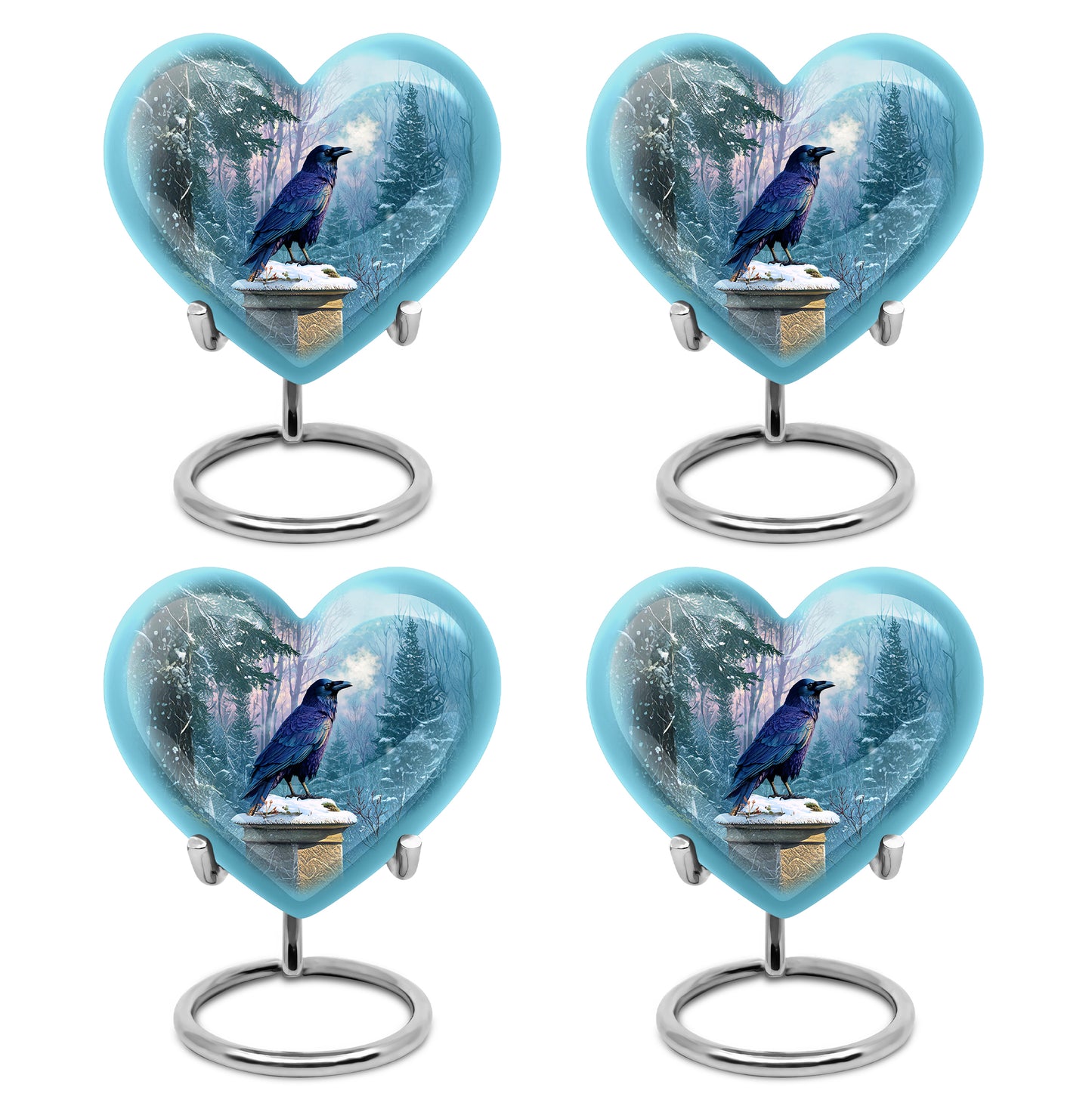 Cobalt Blue Crow Cremation Urn angled view of lid and engraved motif - romantic heart urn with crow motif on aluminum - 10 inch aluminum urn for cremated remains