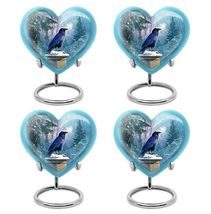 Cobalt Blue Crow Cremation Urn angled view of lid and engraved motif - romantic heart urn with crow motif on aluminum - 10 inch aluminum urn for cremated remains
