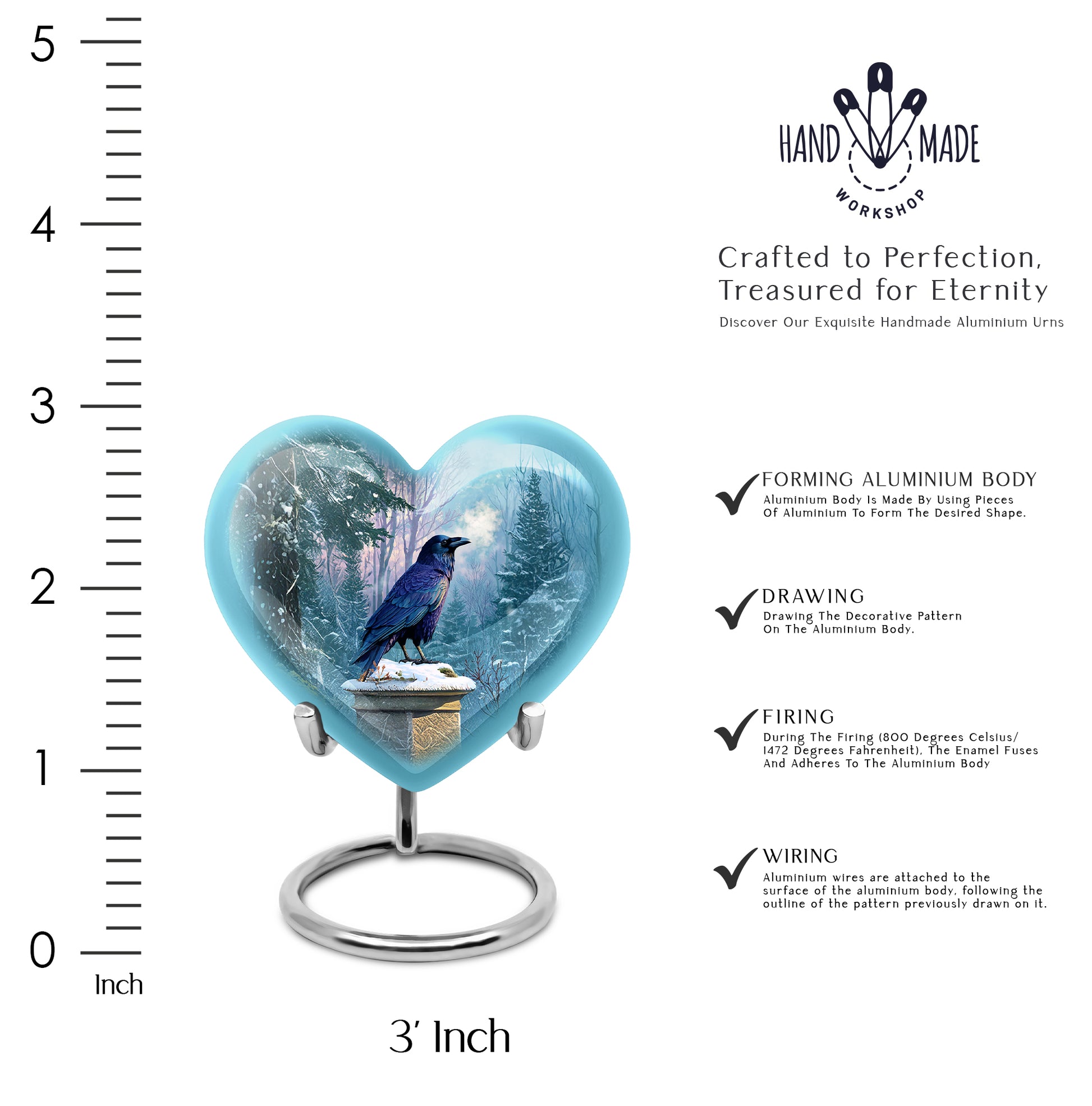 Steel Blue Crow Cremation Urn front view showing detailed design - compassionate heart-crow combination with gentle curves - mini keepsake memorial for portion of cremation ashes