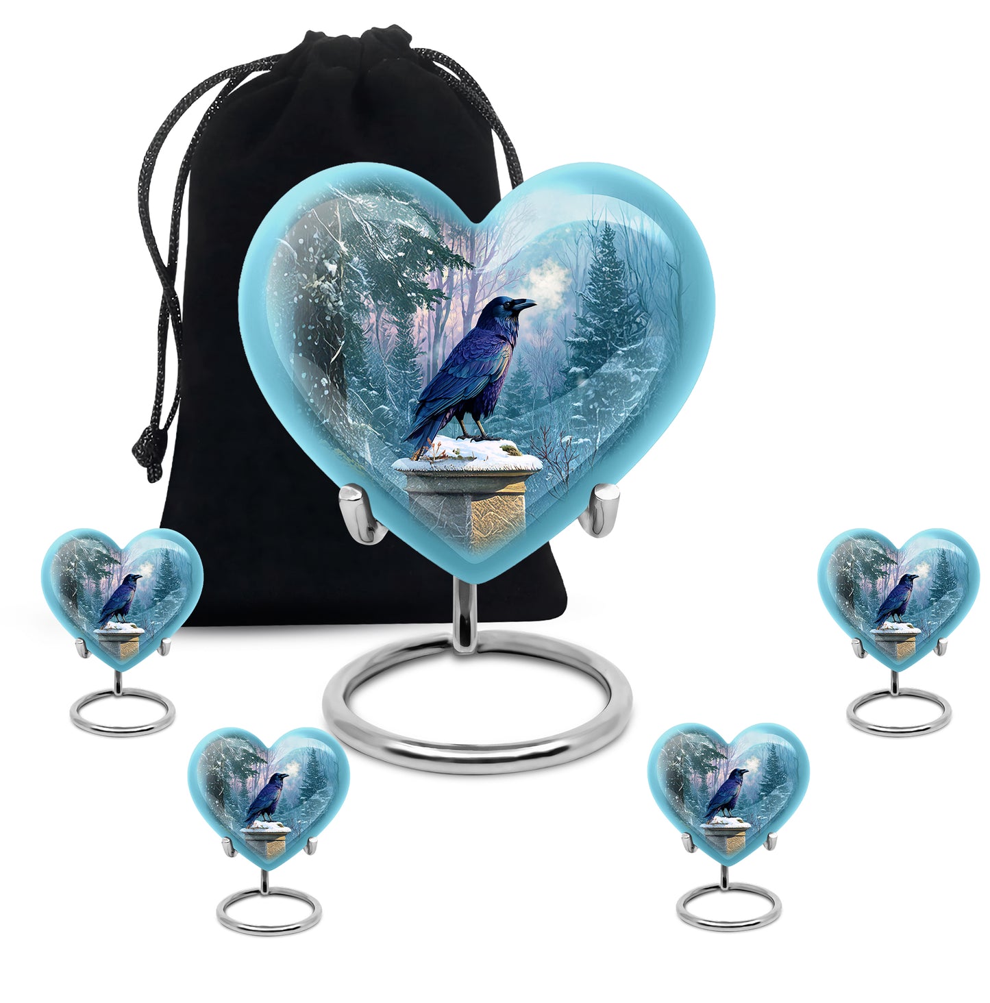 Bright Blue Crow Cremation Urn close-up of engraving and surface detail - romantic heart urn with crow motif on aluminum - memorial set with one large and four small urns
