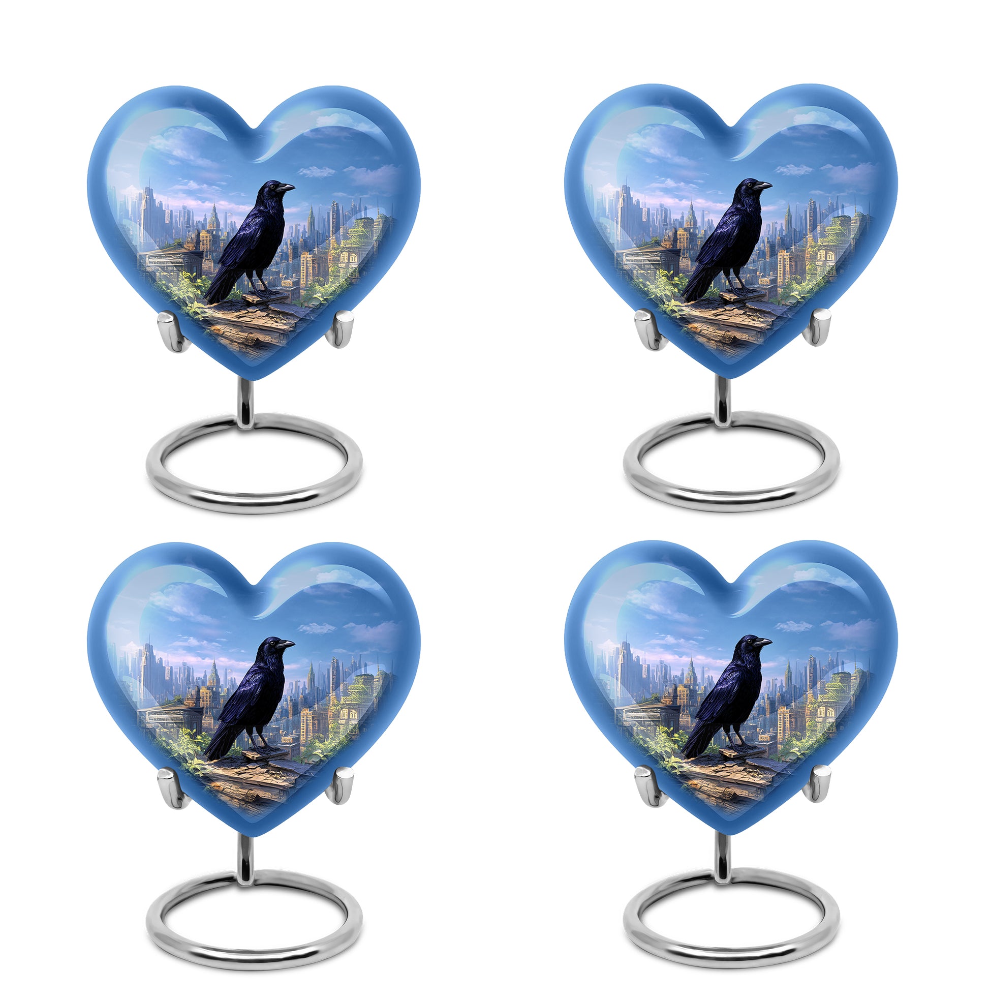 Navy Blue Crow Cremation Urn angled view of lid and engraved motif - loving heart memorial featuring crow pattern - 10 inch aluminum urn for cremated remains