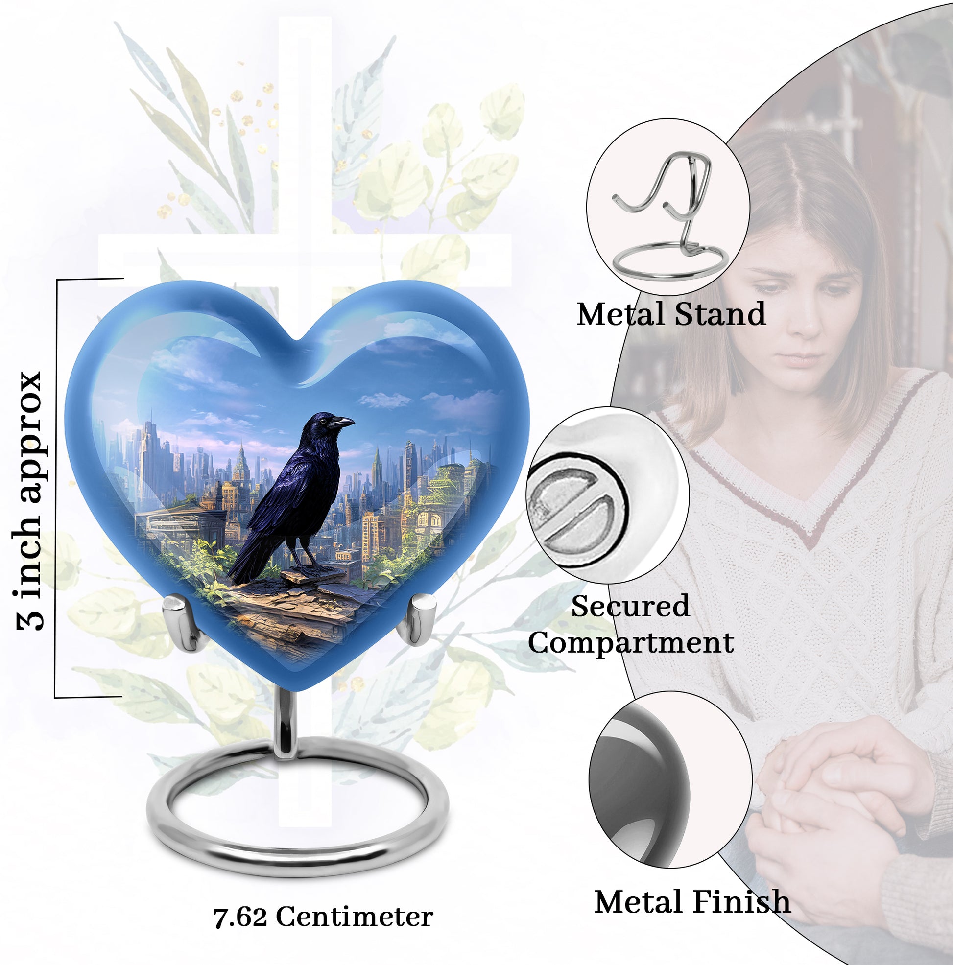 Bright Blue Crow Cremation Urn front view showing detailed design - romantic heart urn with crow motif on aluminum - mini keepsake memorial for portion of cremation ashes