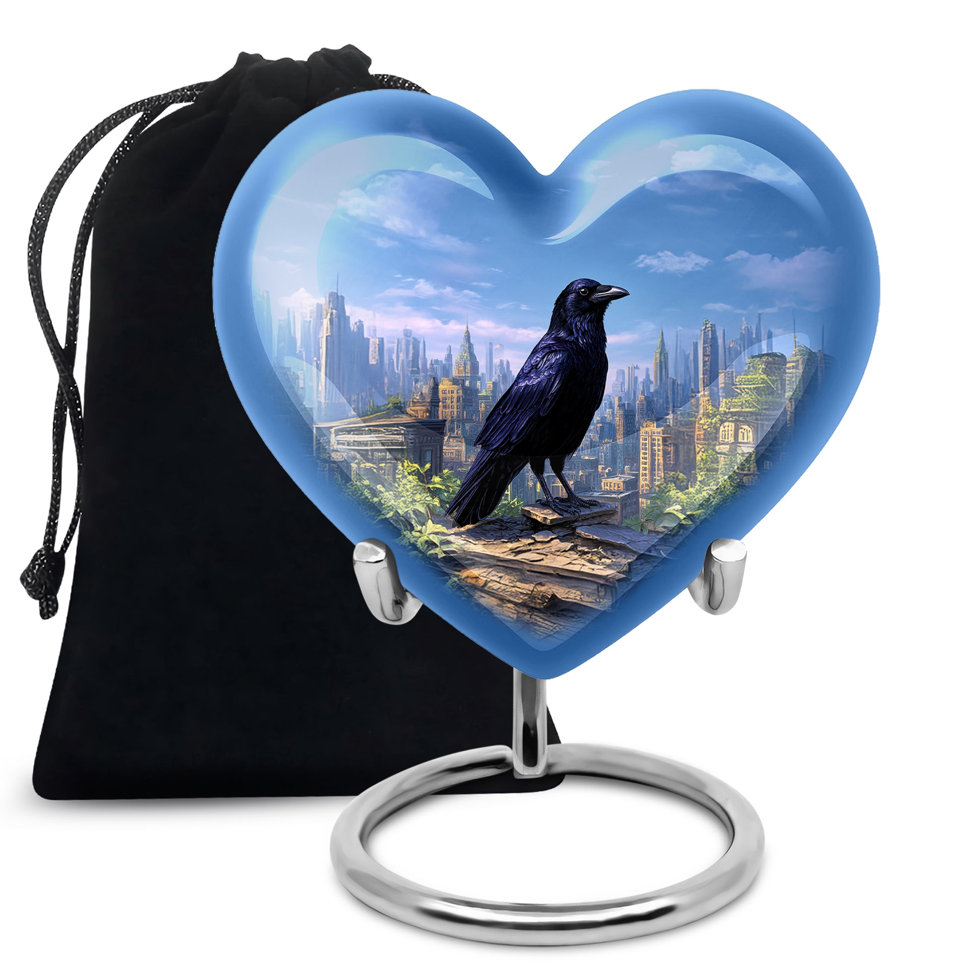 Vivid Blue Crow Cremation Urn detail view - romantic heart urn with crow motif on aluminum - full-size 10 inch 200 cubic inch adult cremation urn