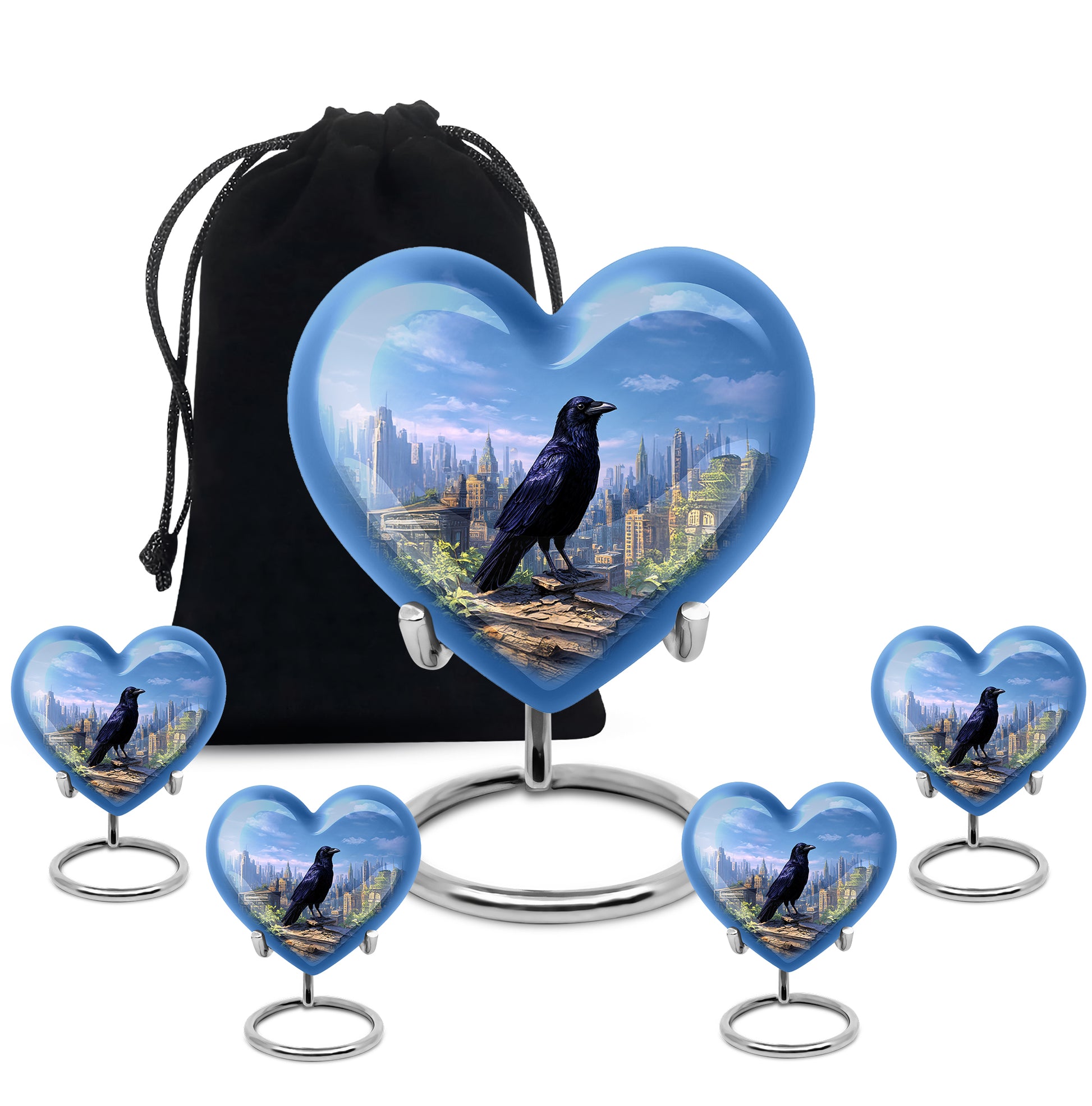 Bright Blue Crow Cremation Urn close-up of engraving and surface detail - compassionate heart-crow combination with gentle curves - memorial set with one large and four small urns