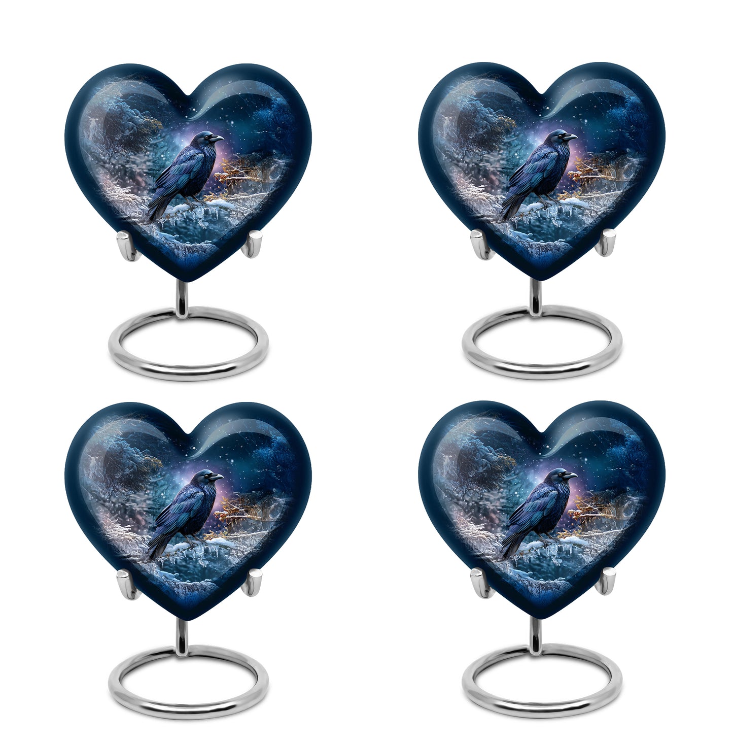 Pastel Blue Crow Cremation Urn angled view of lid and engraved motif - heart-shaped crow design symbolizing eternal love - 10 inch aluminum urn for cremated remains