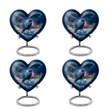 Pastel Blue Crow Cremation Urn angled view of lid and engraved motif - heart-shaped crow design symbolizing eternal love - 10 inch aluminum urn for cremated remains