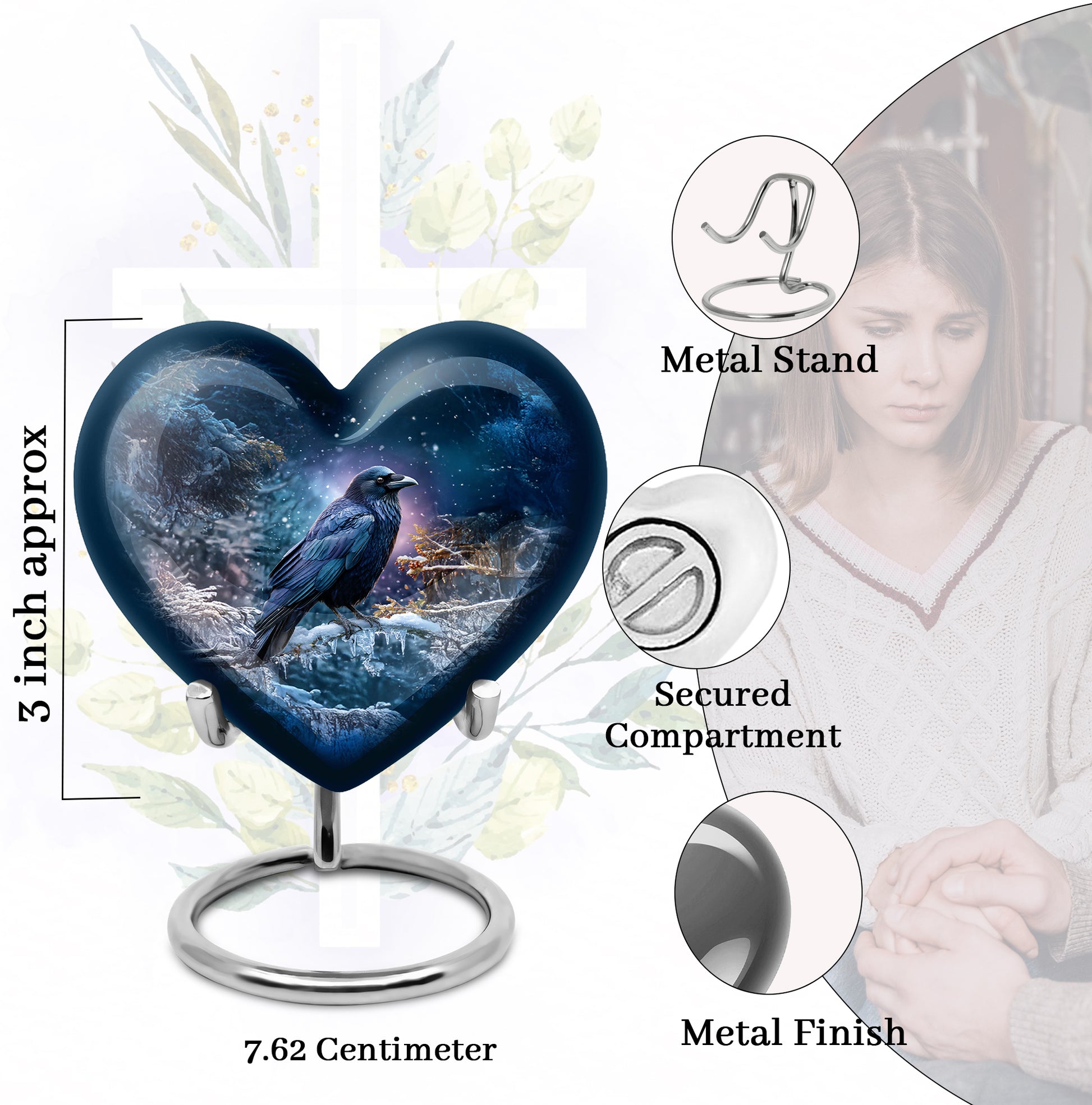 Serene Blue Crow Cremation Urn front view showing detailed design - compassionate heart-crow combination with gentle curves - mini keepsake memorial for portion of cremation ashes
