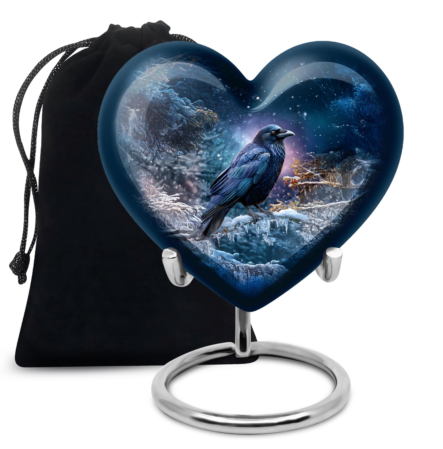 Soft Blue Crow Cremation Urn detail view - romantic heart urn with crow motif on aluminum - full-size 10 inch 200 cubic inch adult cremation urn