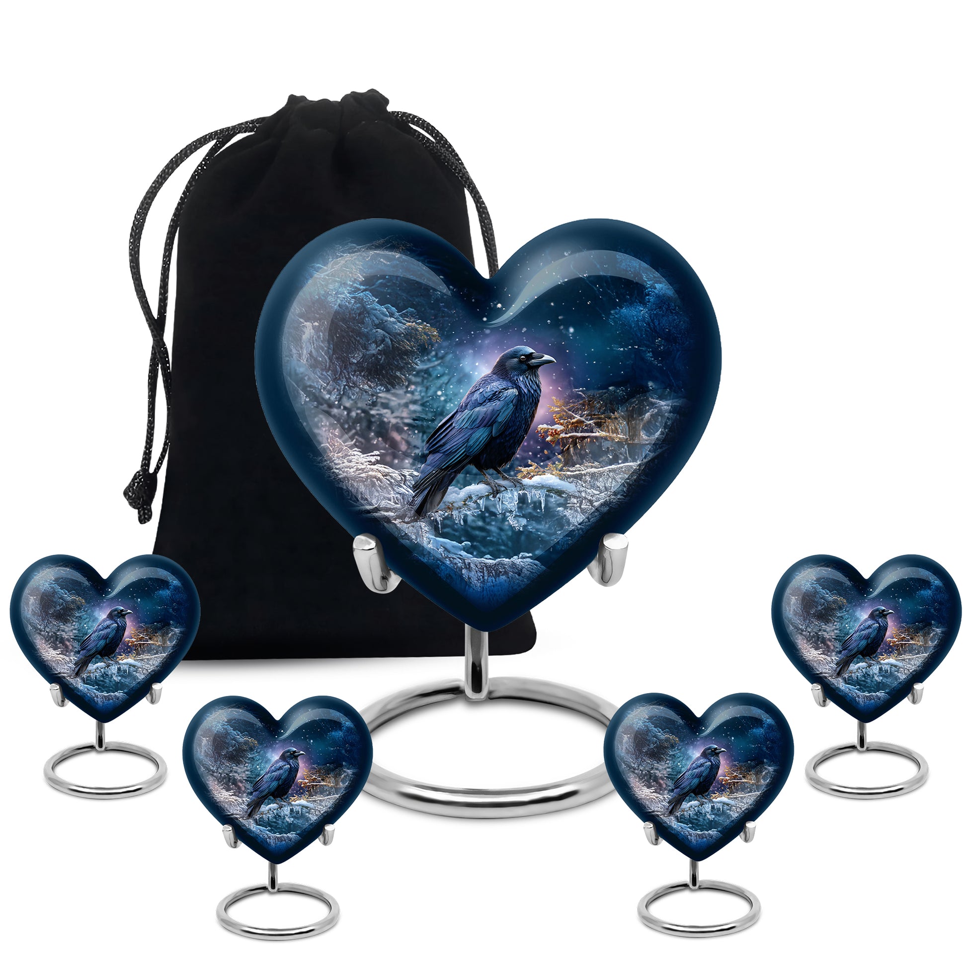 Celestial Blue Crow Cremation Urn close-up of engraving and surface detail - heart-shaped crow design symbolizing eternal love - memorial set with one large and four small urns