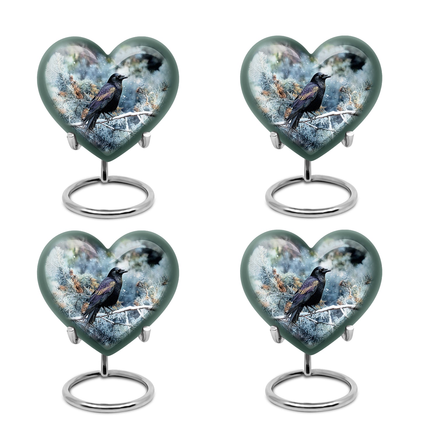 Azure Crow Cremation Urn angled view of lid and engraved motif - heart-shaped crow design symbolizing eternal love - 10 inch aluminum urn for cremated remains