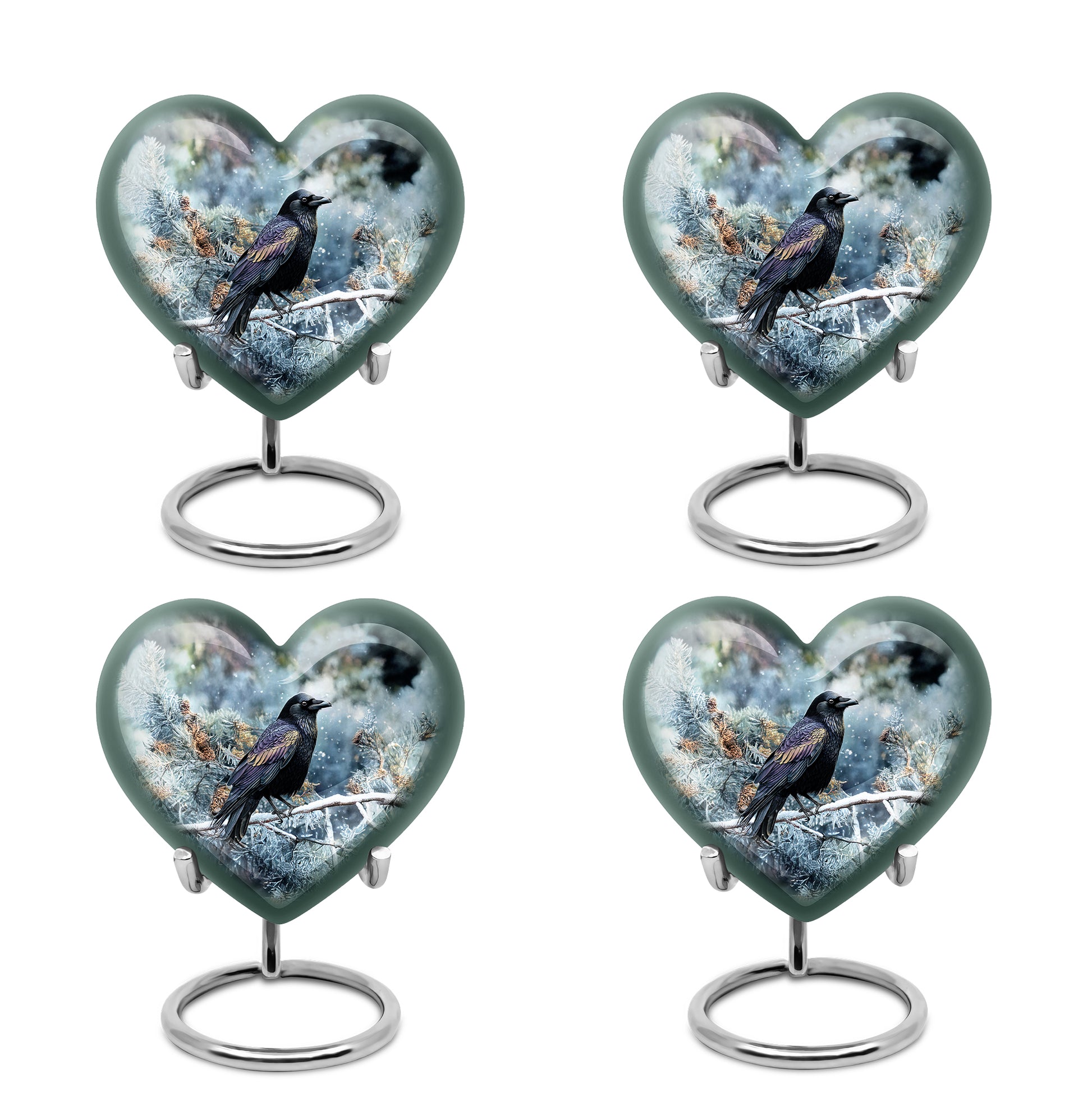 Azure Crow Cremation Urn angled view of lid and engraved motif - heart-shaped crow design symbolizing eternal love - 10 inch aluminum urn for cremated remains