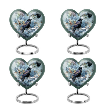Azure Crow Cremation Urn angled view of lid and engraved motif - heart-shaped crow design symbolizing eternal love - 10 inch aluminum urn for cremated remains