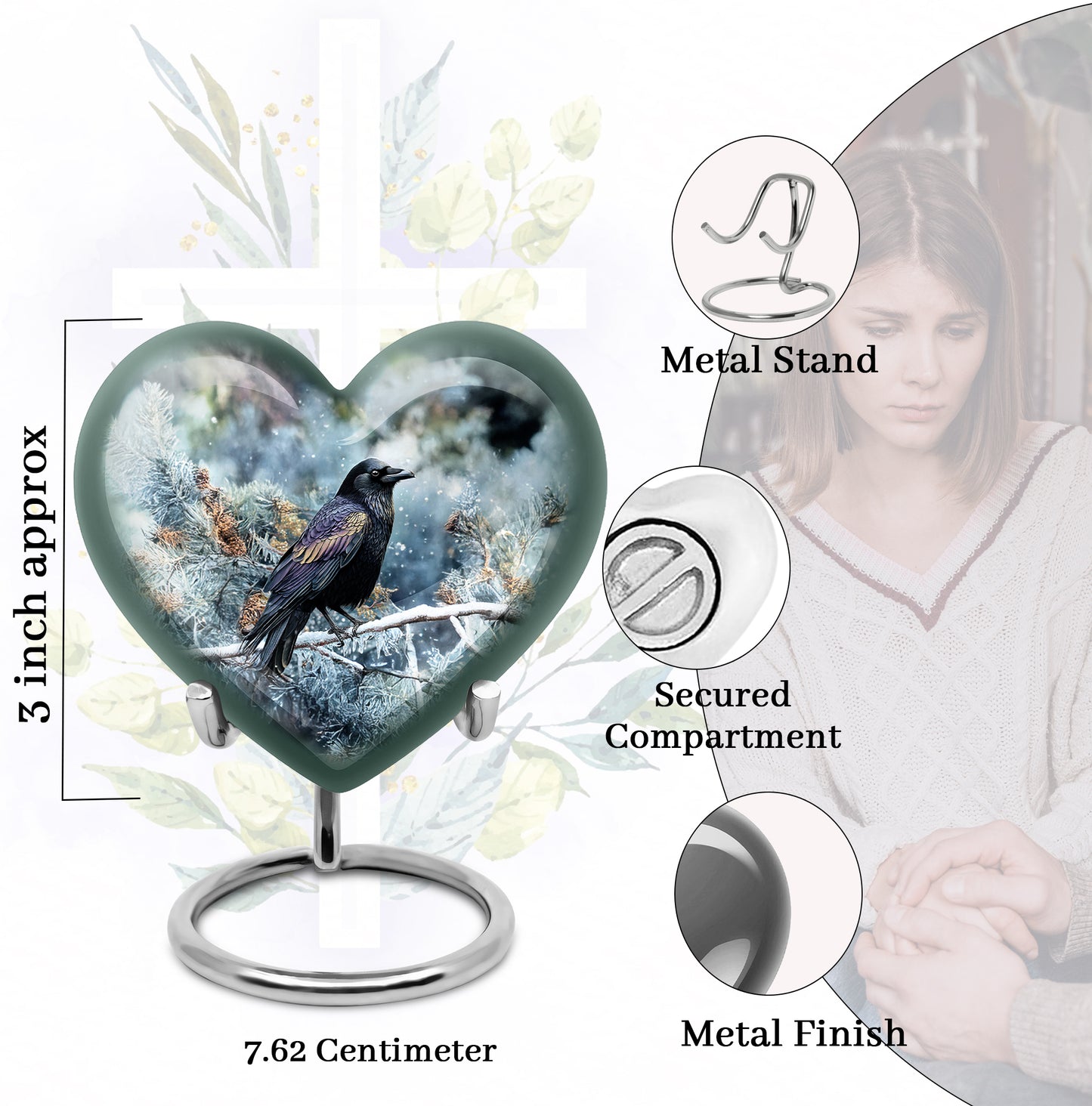 Cobalt Blue Crow Cremation Urn front view showing detailed design - compassionate heart-crow combination with gentle curves - mini keepsake memorial for portion of cremation ashes
