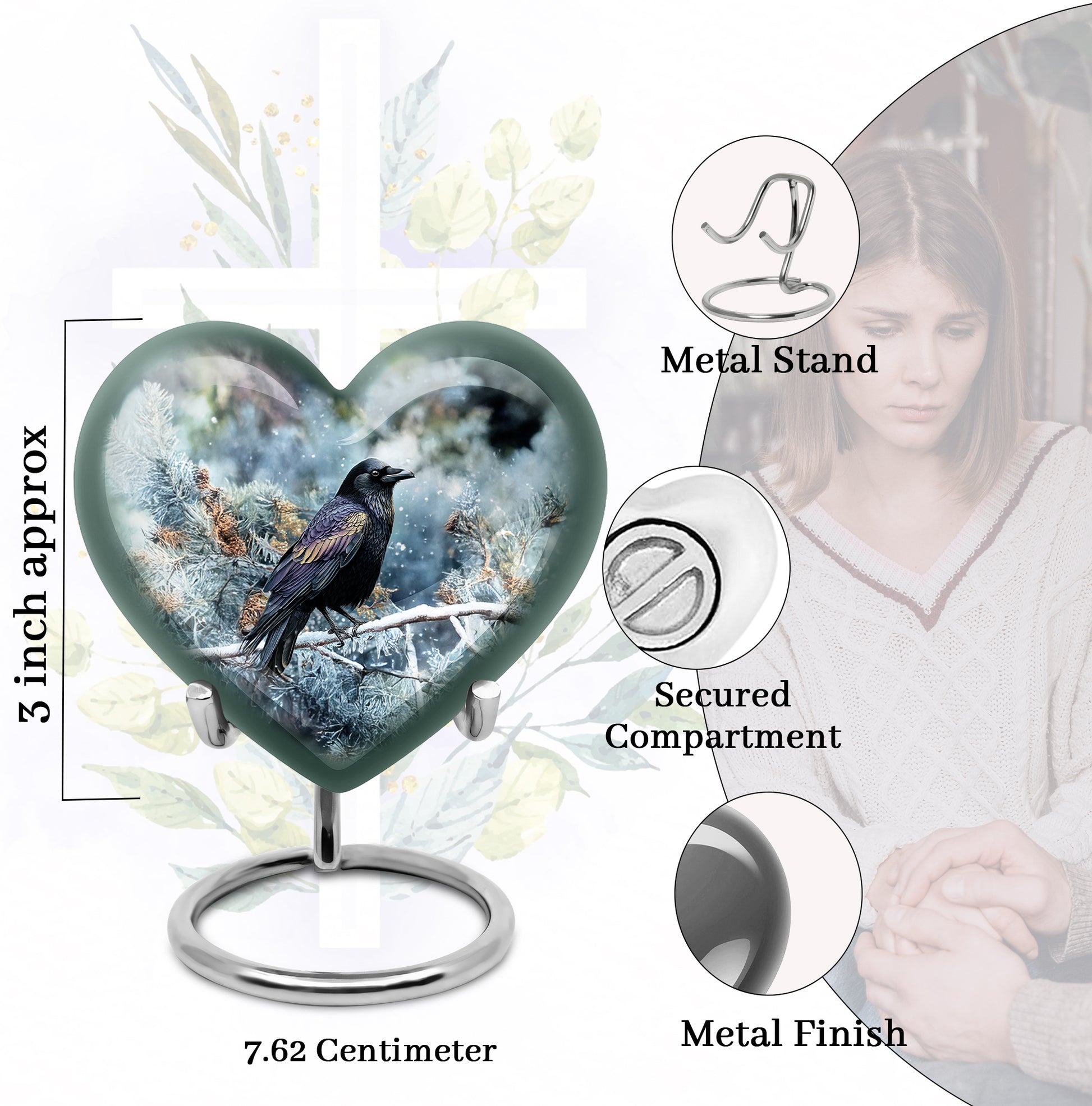 Cobalt Blue Crow Cremation Urn front view showing detailed design - compassionate heart-crow combination with gentle curves - mini keepsake memorial for portion of cremation ashes