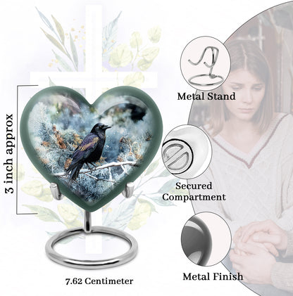 Cobalt Blue Crow Cremation Urn front view showing detailed design - compassionate heart-crow combination with gentle curves - mini keepsake memorial for portion of cremation ashes