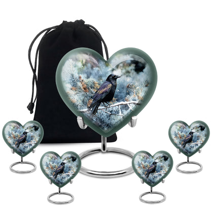 Pastel Blue Crow Cremation Urn close-up of engraving and surface detail - loving heart memorial featuring crow pattern - memorial set with one large and four small urns