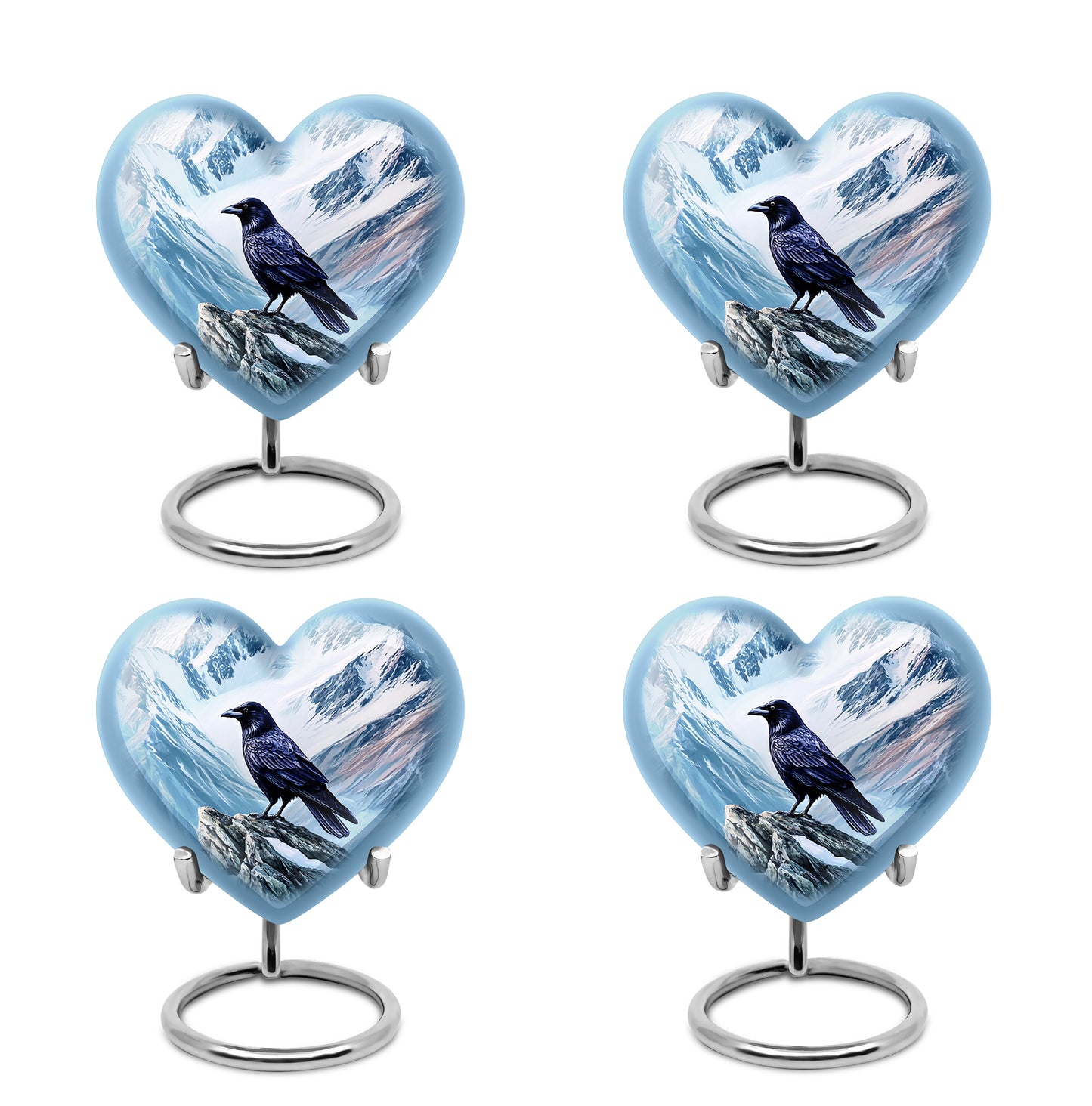 Dusty Blue Crow Cremation Urn angled view of lid and engraved motif - heart-shaped crow design symbolizing eternal love - 10 inch aluminum urn for cremated remains