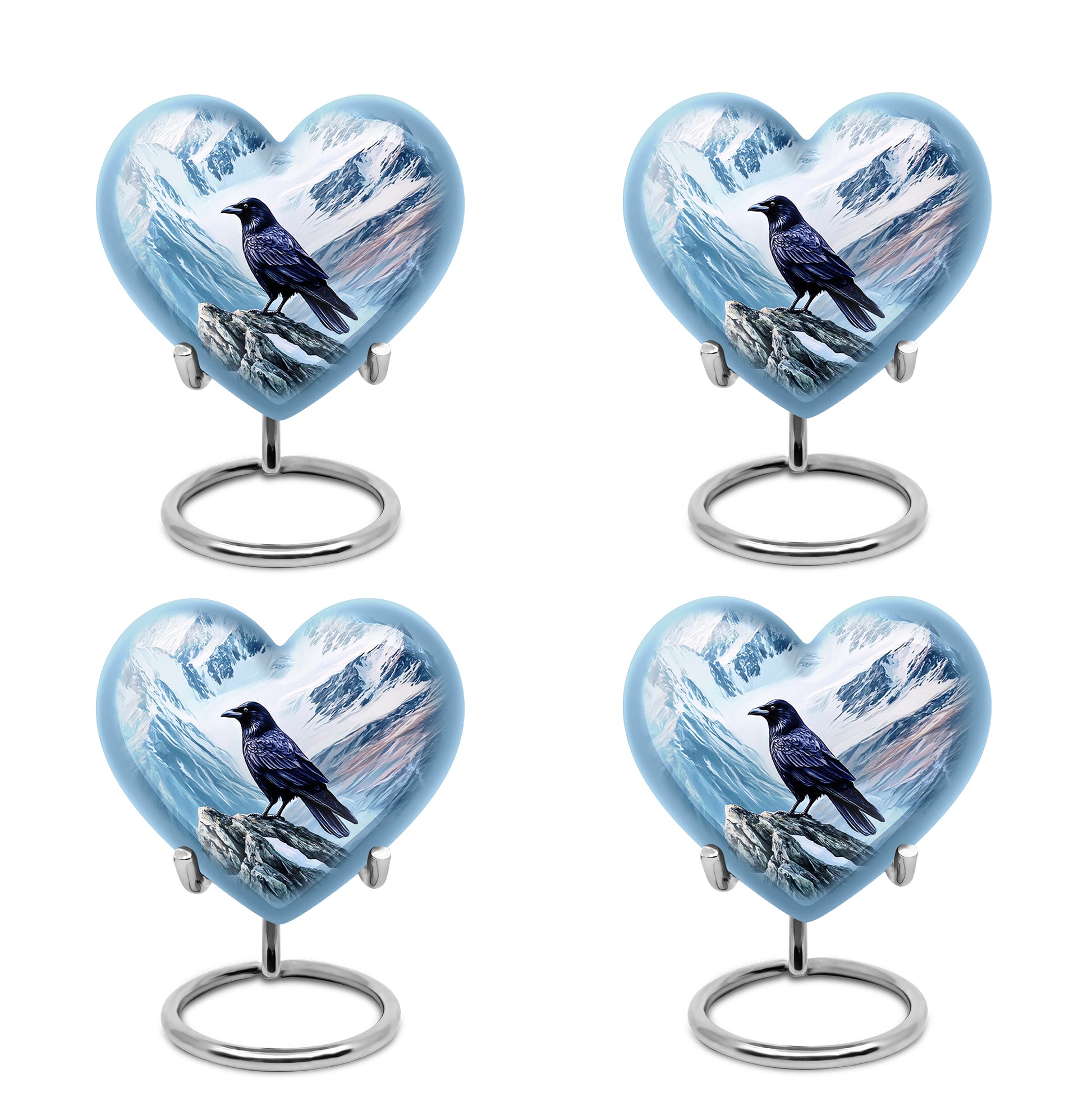 Dusty Blue Crow Cremation Urn angled view of lid and engraved motif - heart-shaped crow design symbolizing eternal love - 10 inch aluminum urn for cremated remains