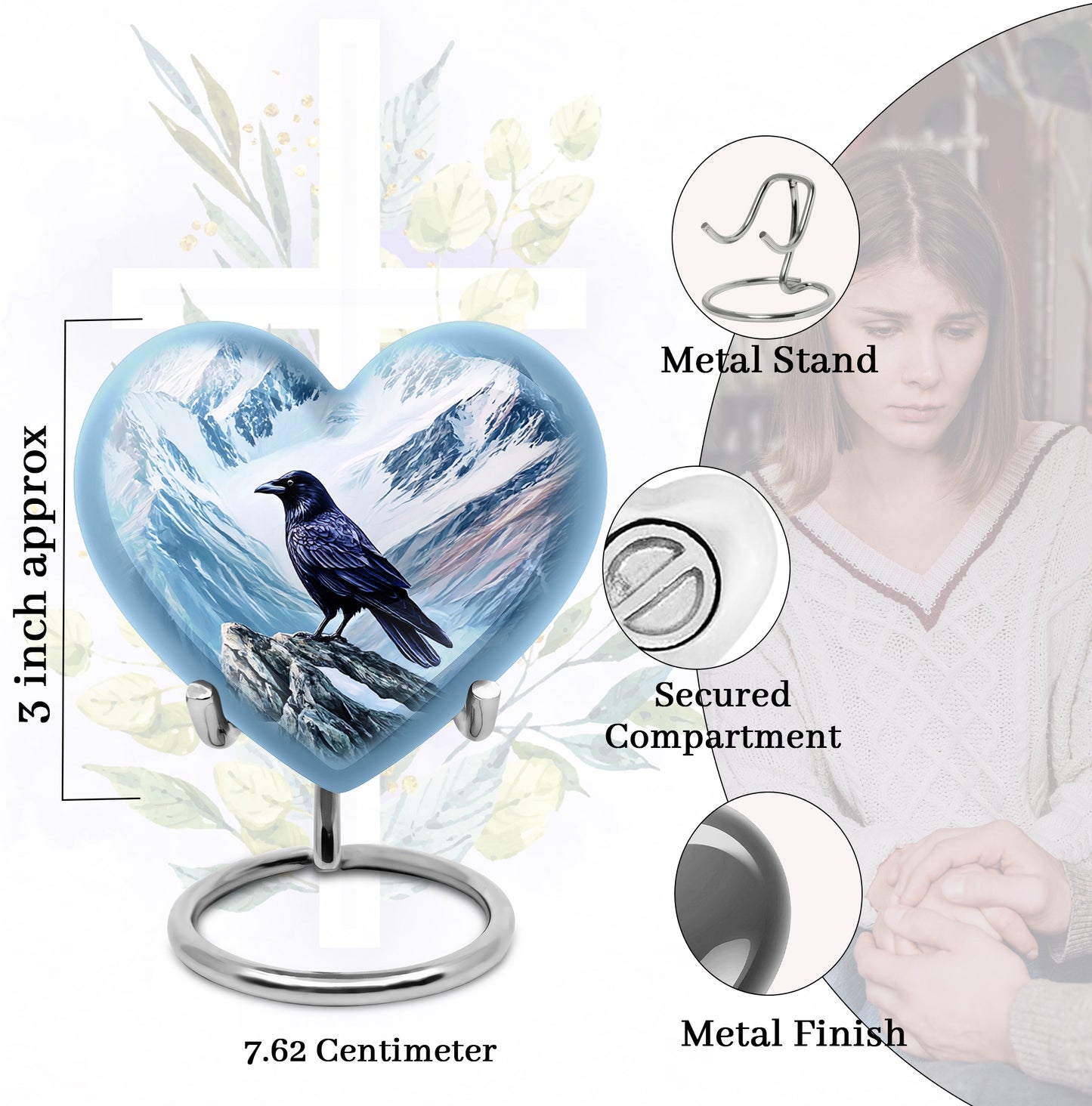 Powder Blue Crow Cremation Urn front view showing detailed design - heart-shaped crow design symbolizing eternal love - mini keepsake memorial for portion of cremation ashes